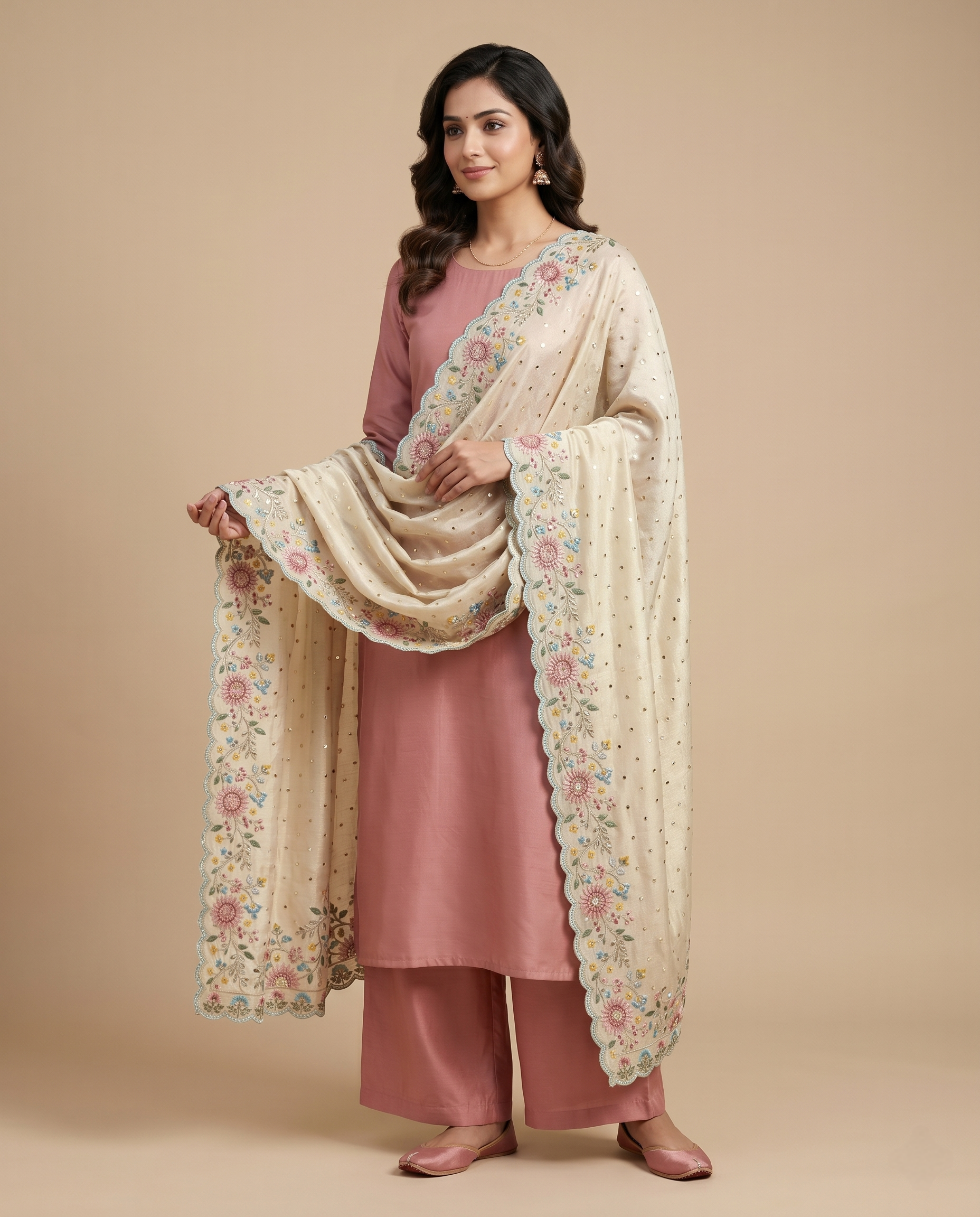 SHIMMERING PETAL-BORDER TISSUE SILK DUPATTA
