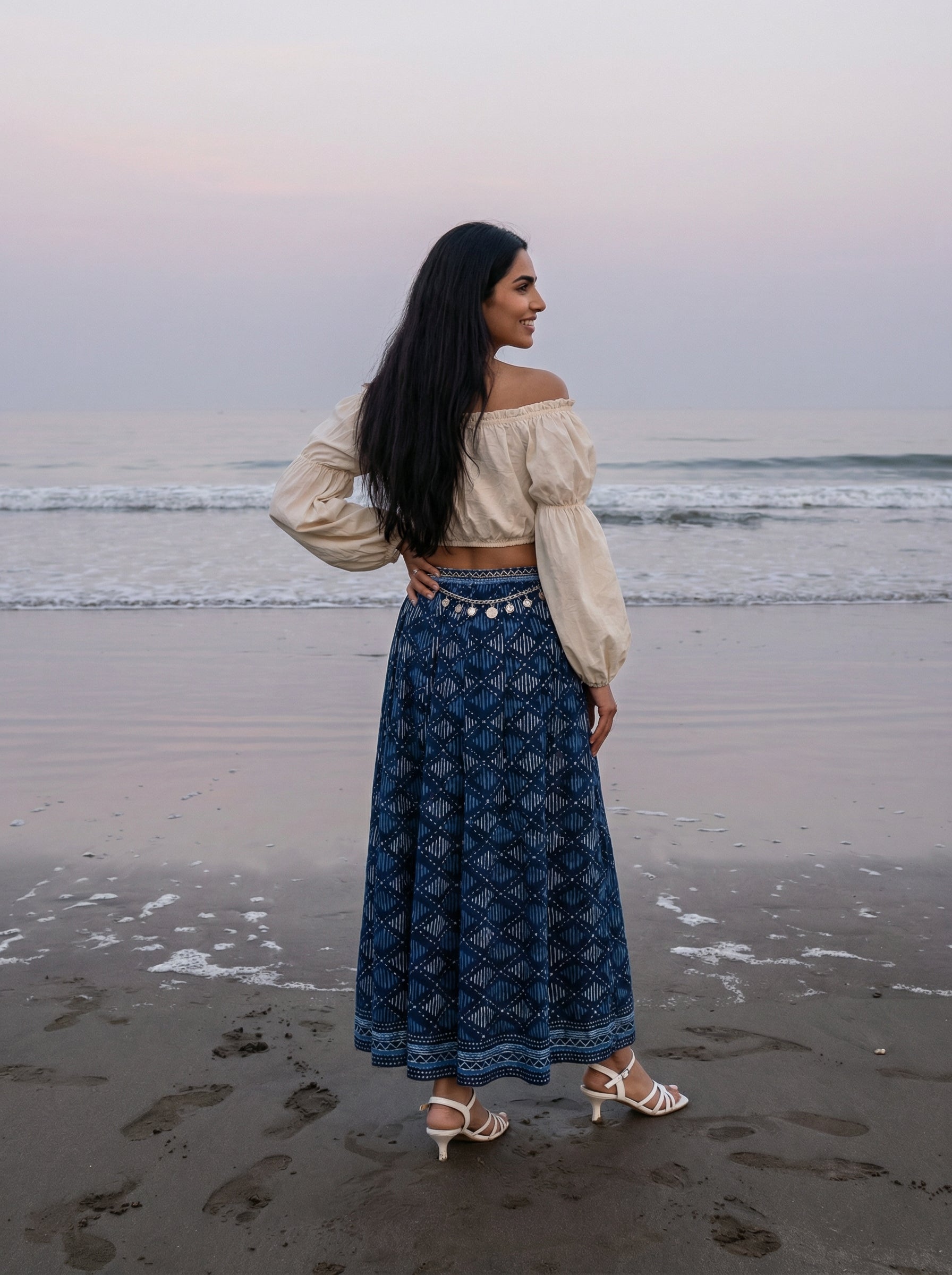 Handprinted Cotton Maxi Indigo Skirt