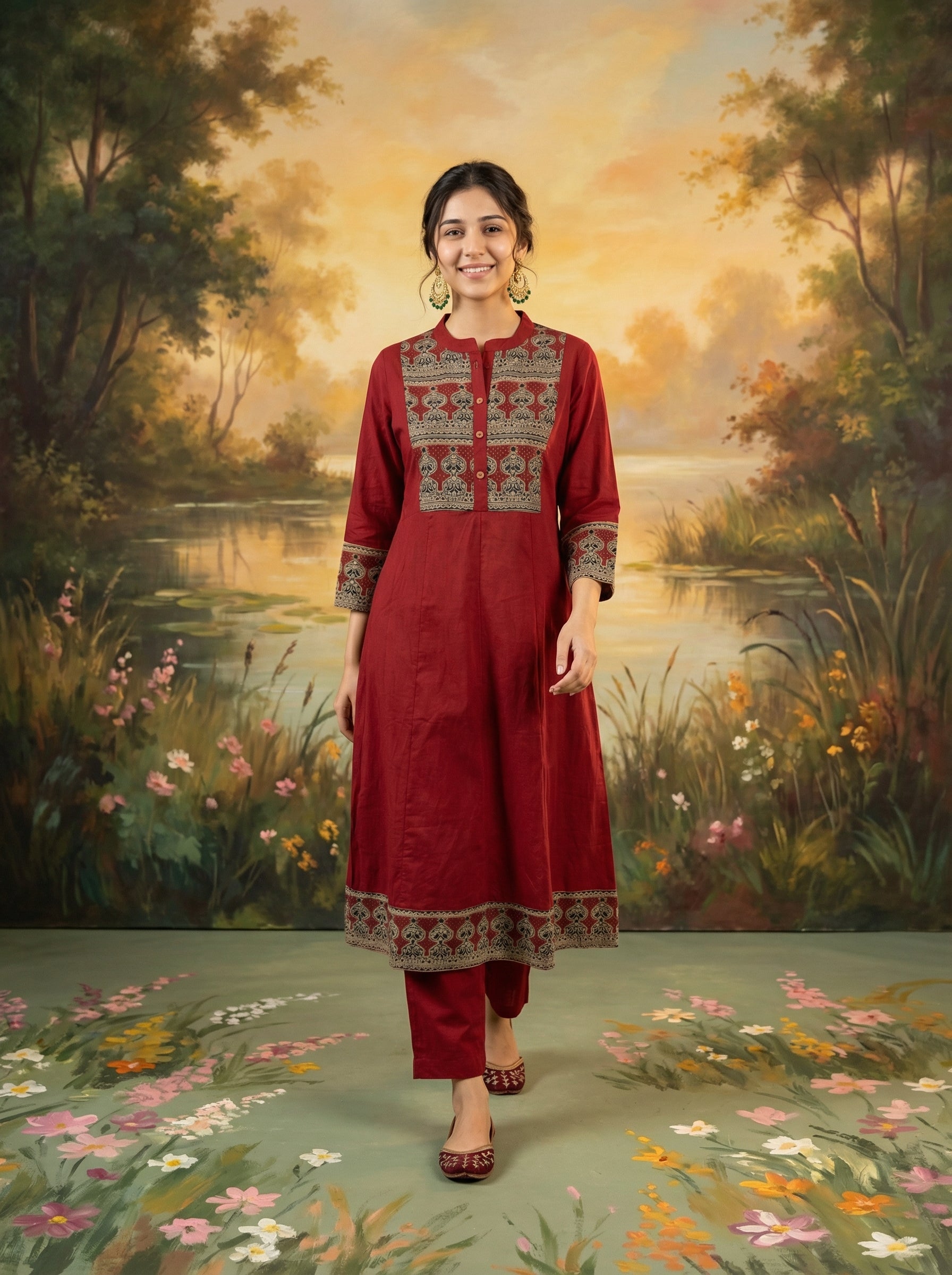 Elegant Brick Red Cotton KPD Set