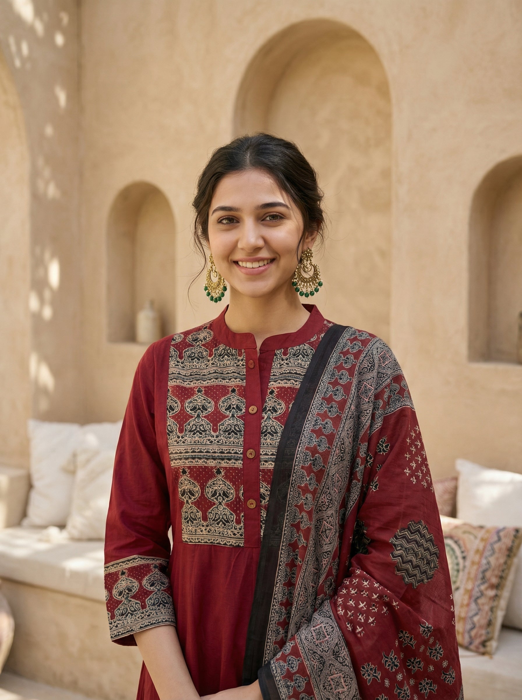 Elegant Brick Red Cotton KPD Set