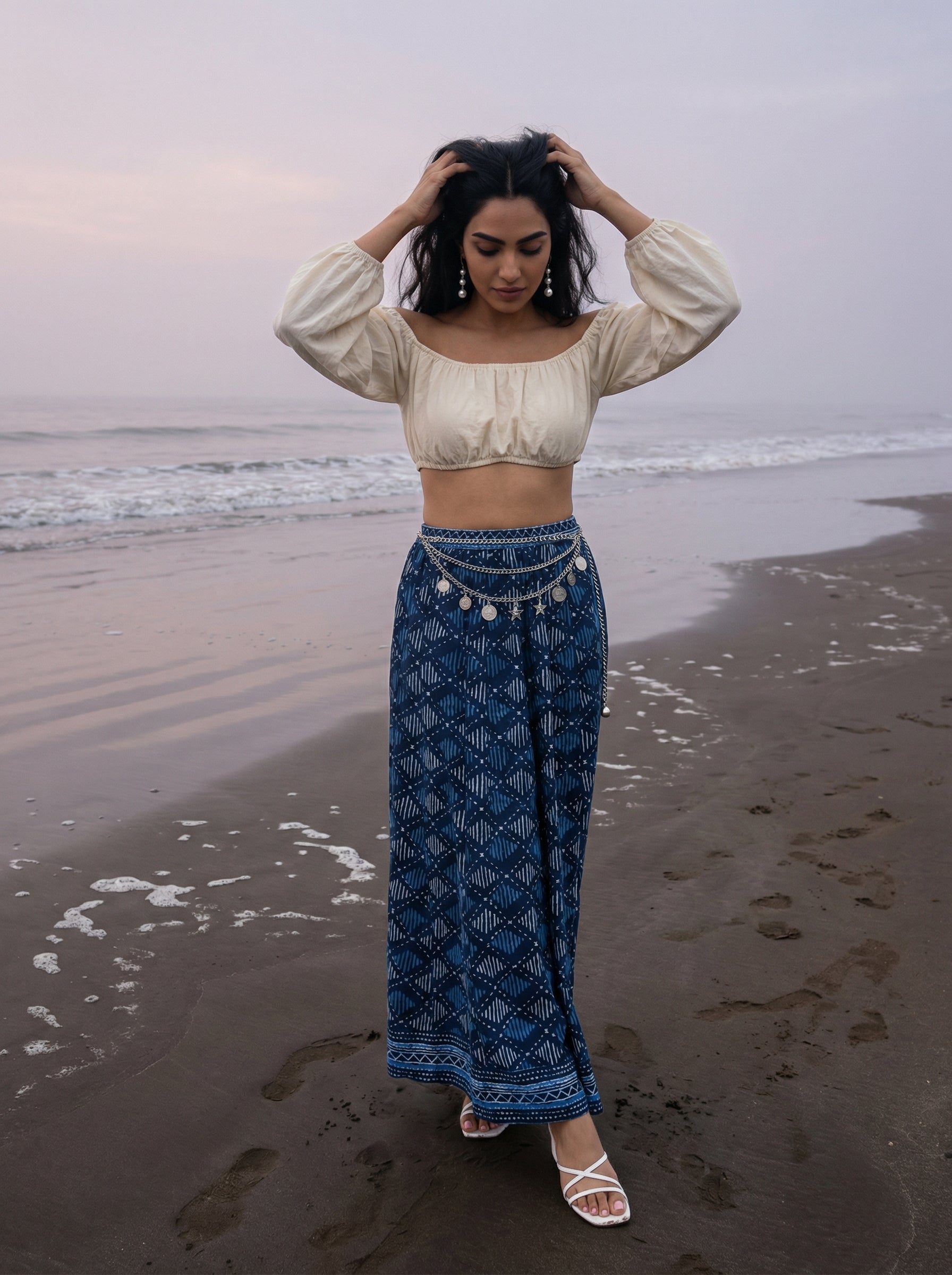 Handprinted Cotton Maxi Indigo Skirt