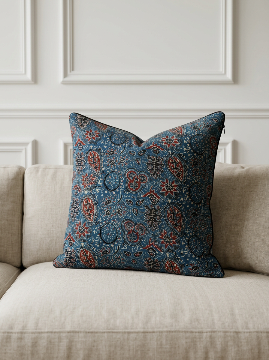 Ajrakh Modal Floral Kairi Dance Blue Cushion Cover