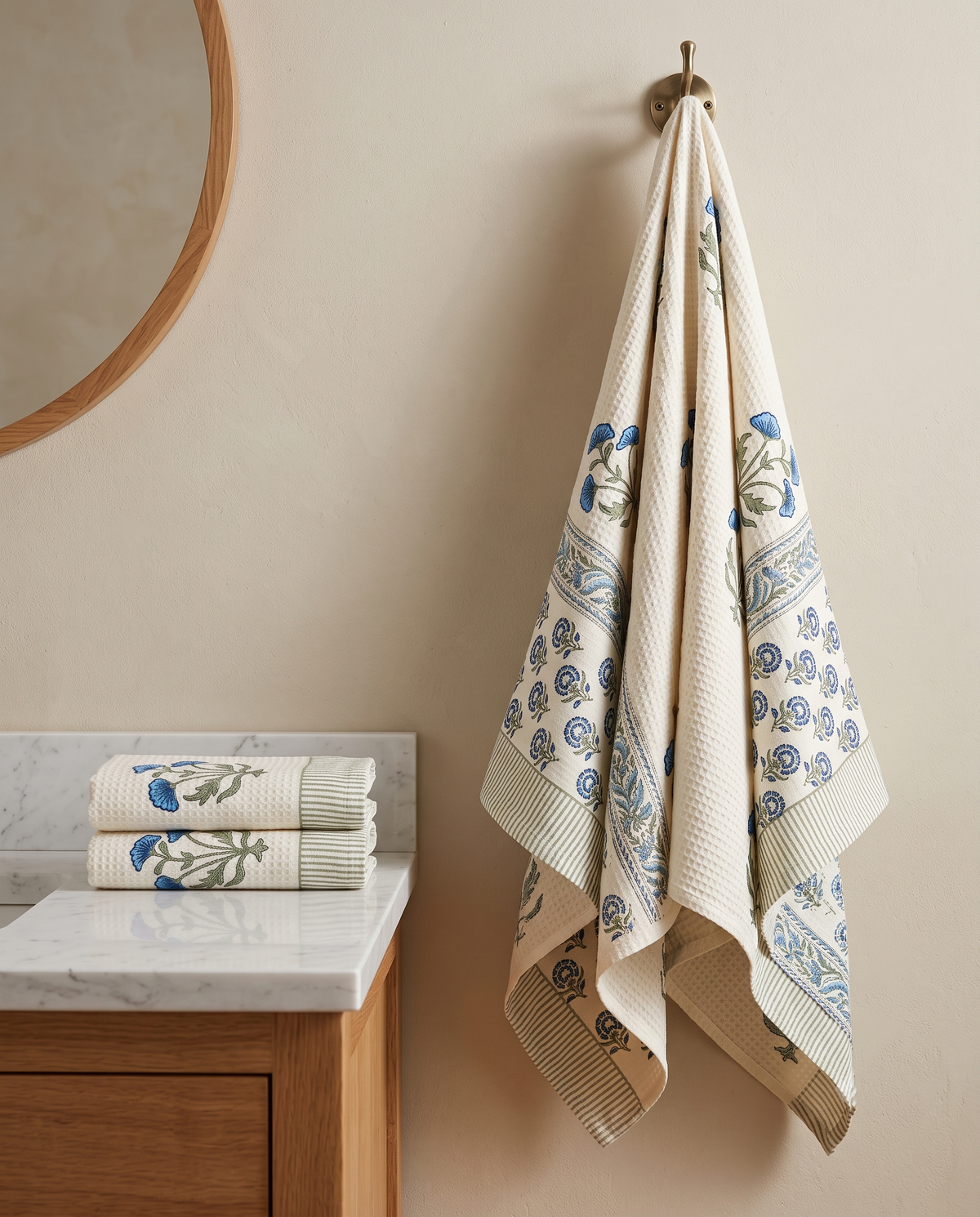 BLUE MEADOW FLORAL HAND BLOCK WAFFLE BATH TOWEL SET
