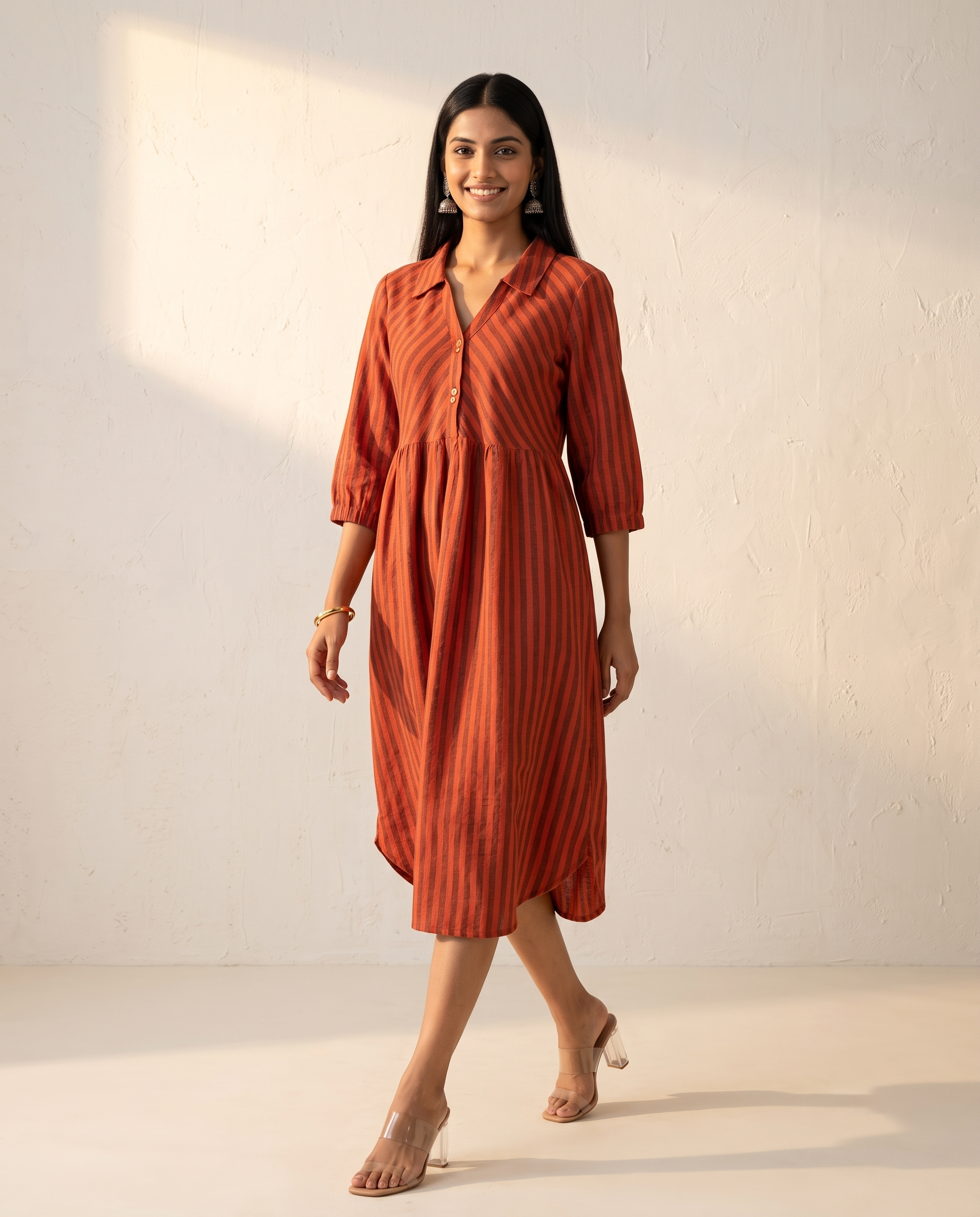 PREMIUM COTTON LINEN RUST ORANGE CASUAL DRESS