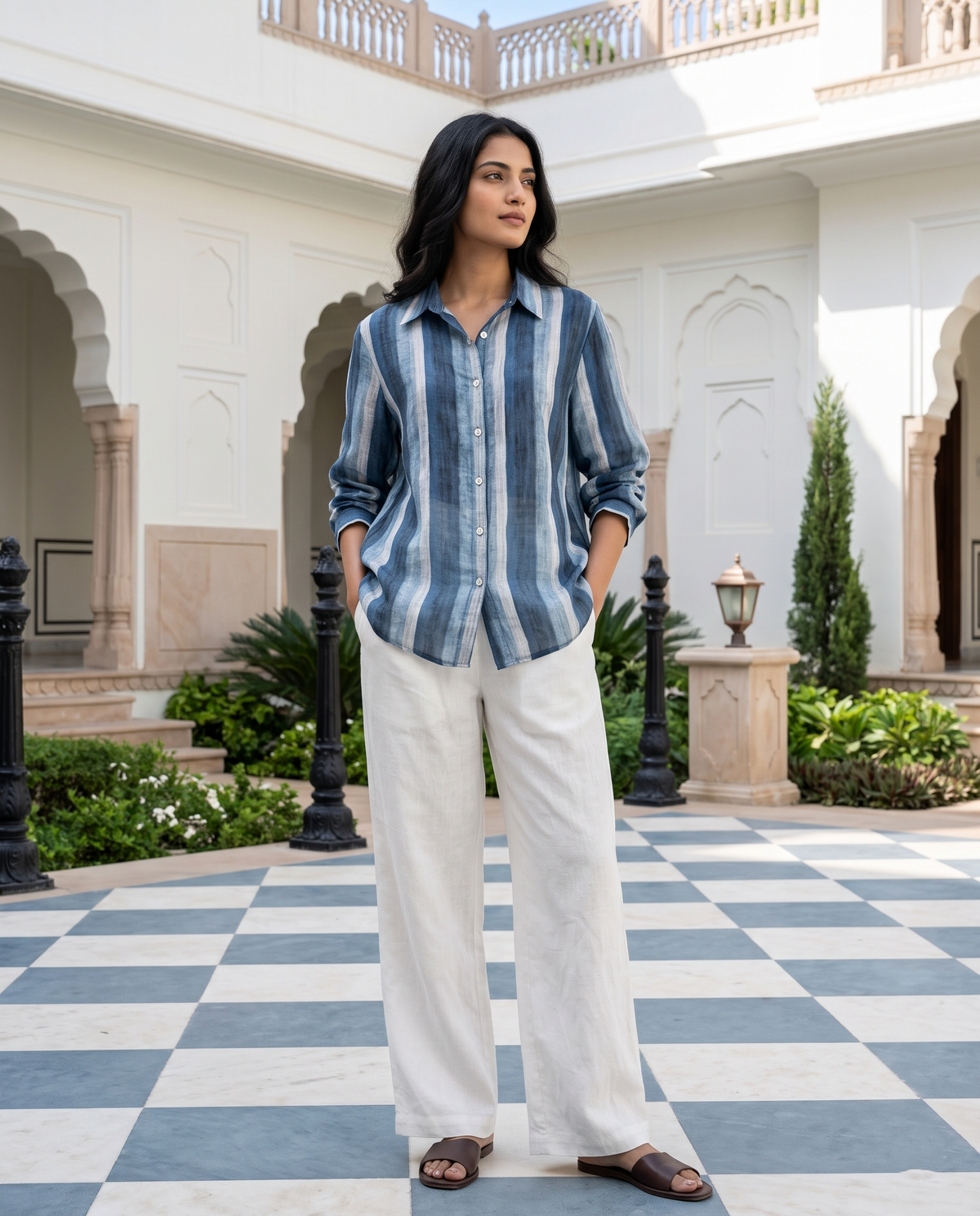 Bamboo Silk 150 GM Denim Blue Vertical Stripe Shirt