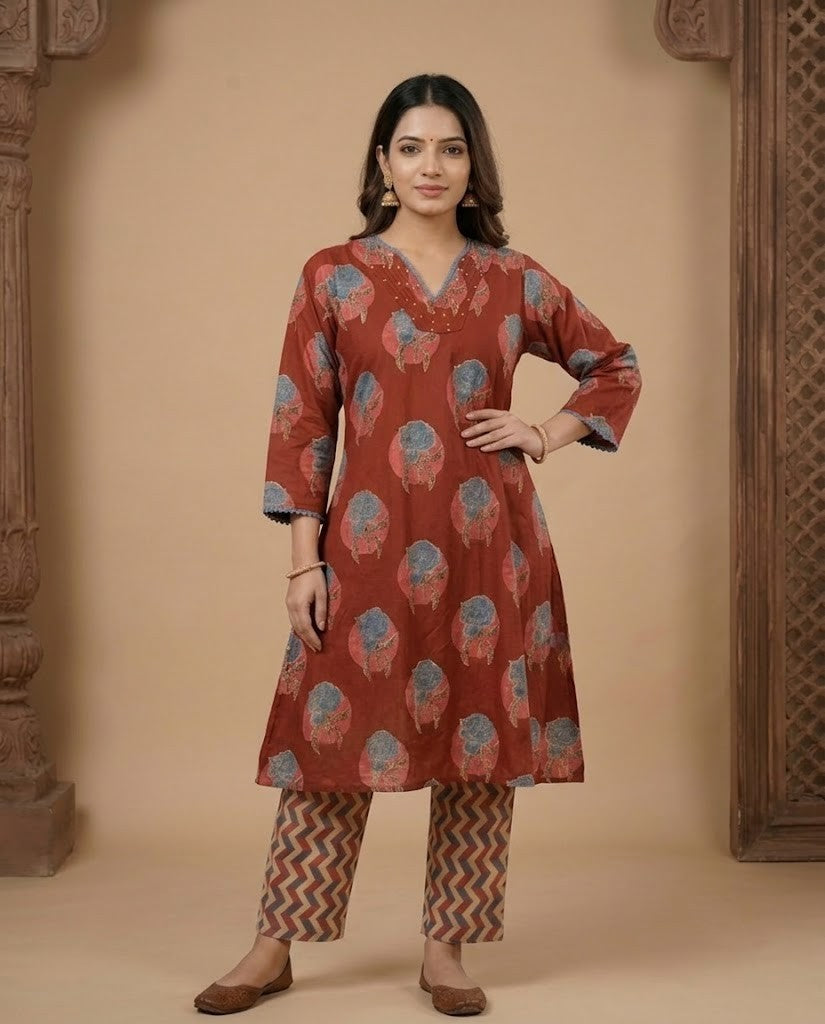 RUST RED FLORAL DESIGN PREMIUM COTTON KURTA PANT SET