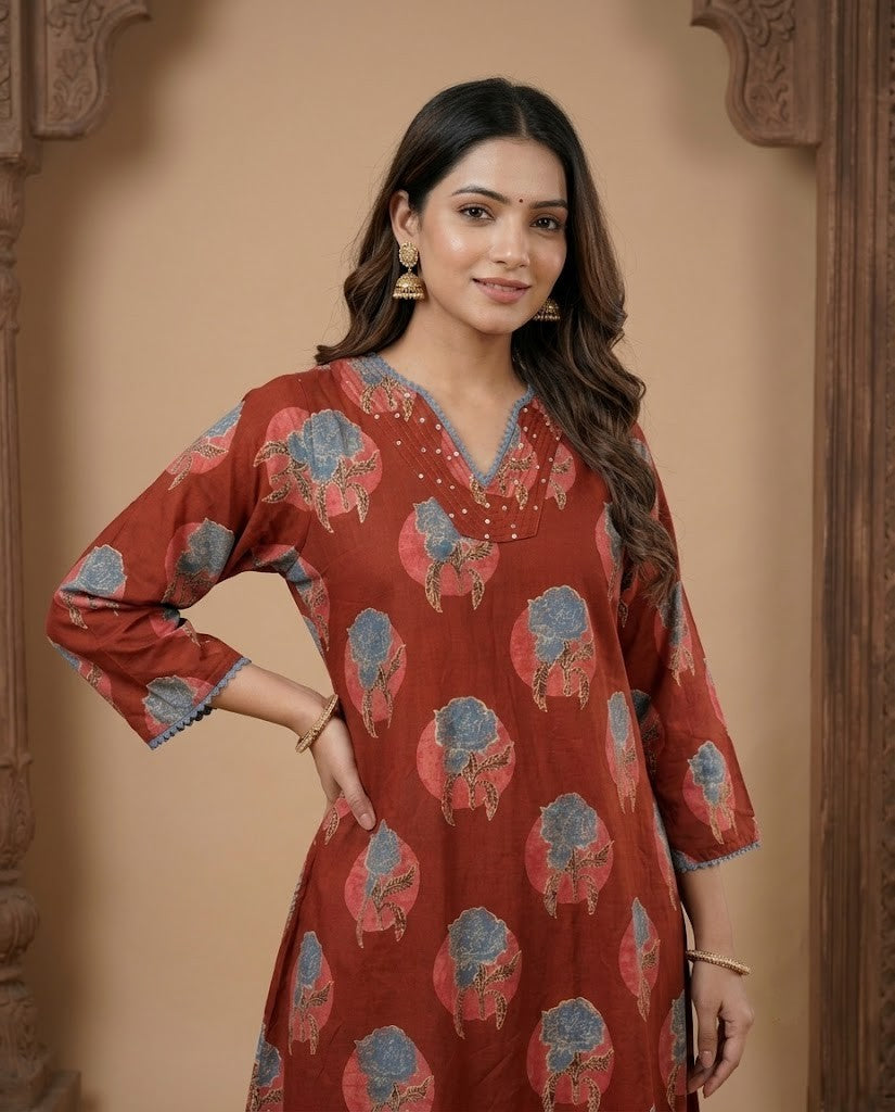 RUST RED FLORAL DESIGN PREMIUM COTTON KURTA PANT SET