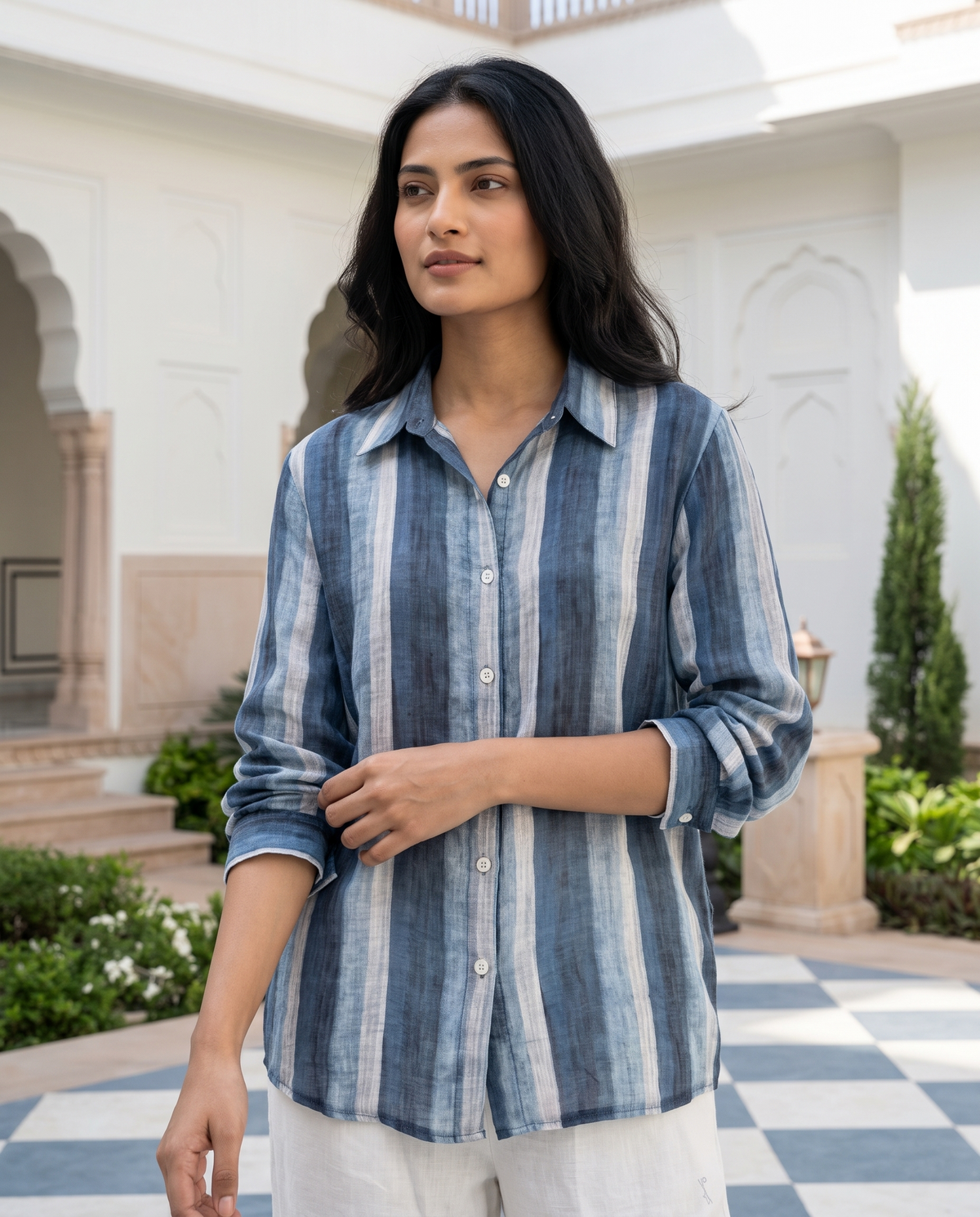 Bamboo Silk 150 GM Denim Blue Vertical Stripe Shirt