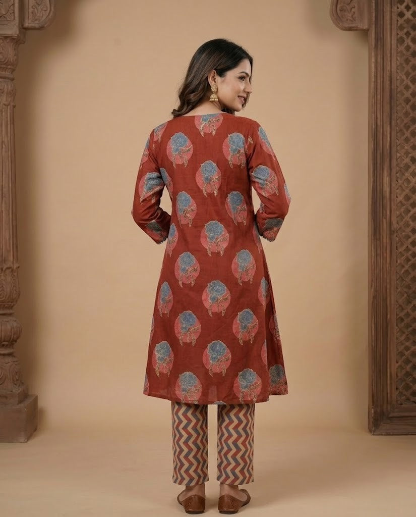 RUST RED FLORAL DESIGN PREMIUM COTTON KURTA PANT SET