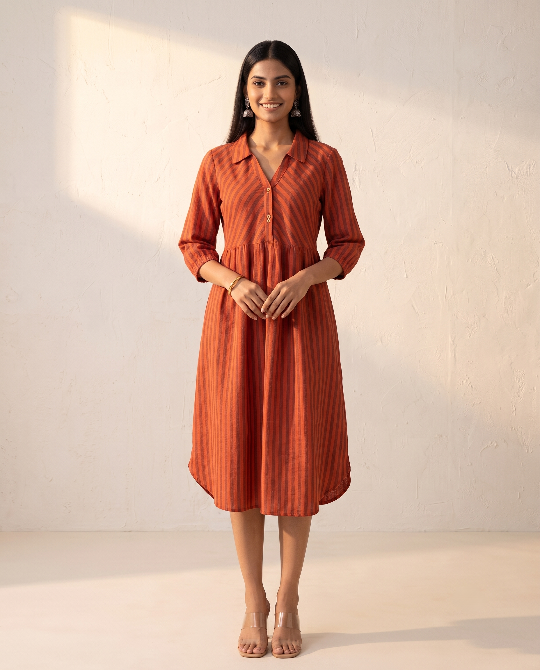 PREMIUM COTTON LINEN RUST ORANGE CASUAL DRESS