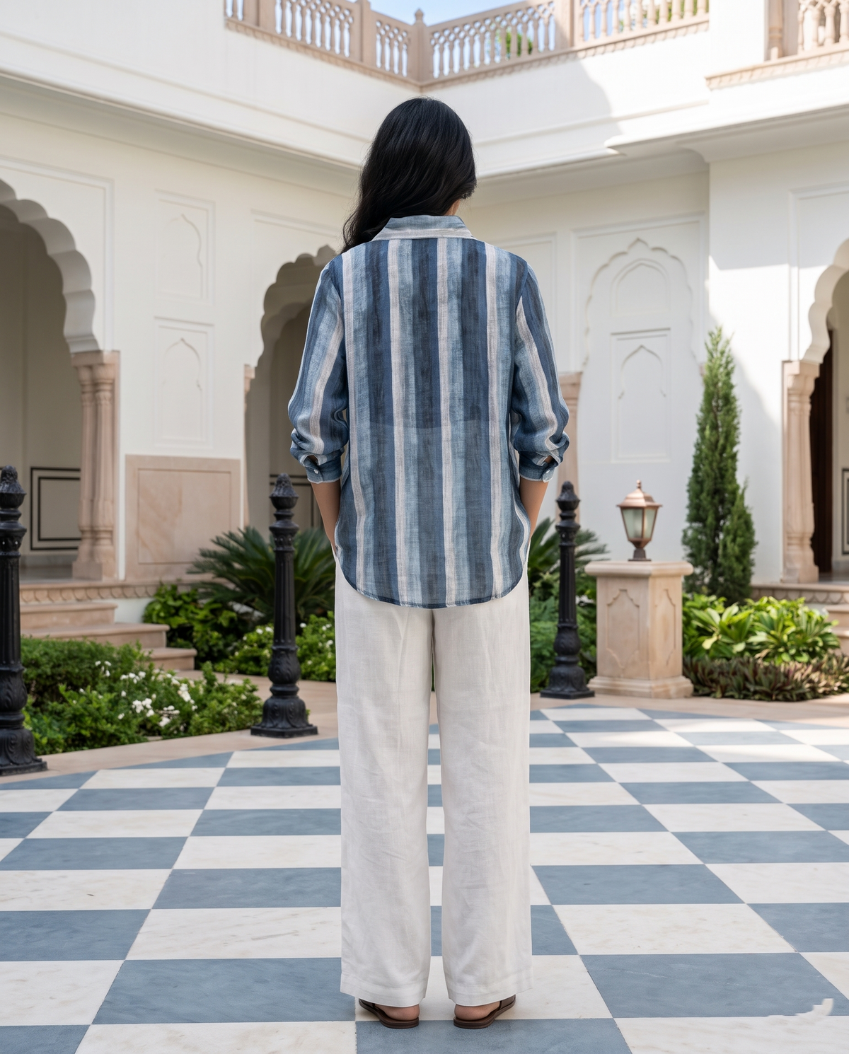 Bamboo Silk 150 GM Denim Blue Vertical Stripe Shirt