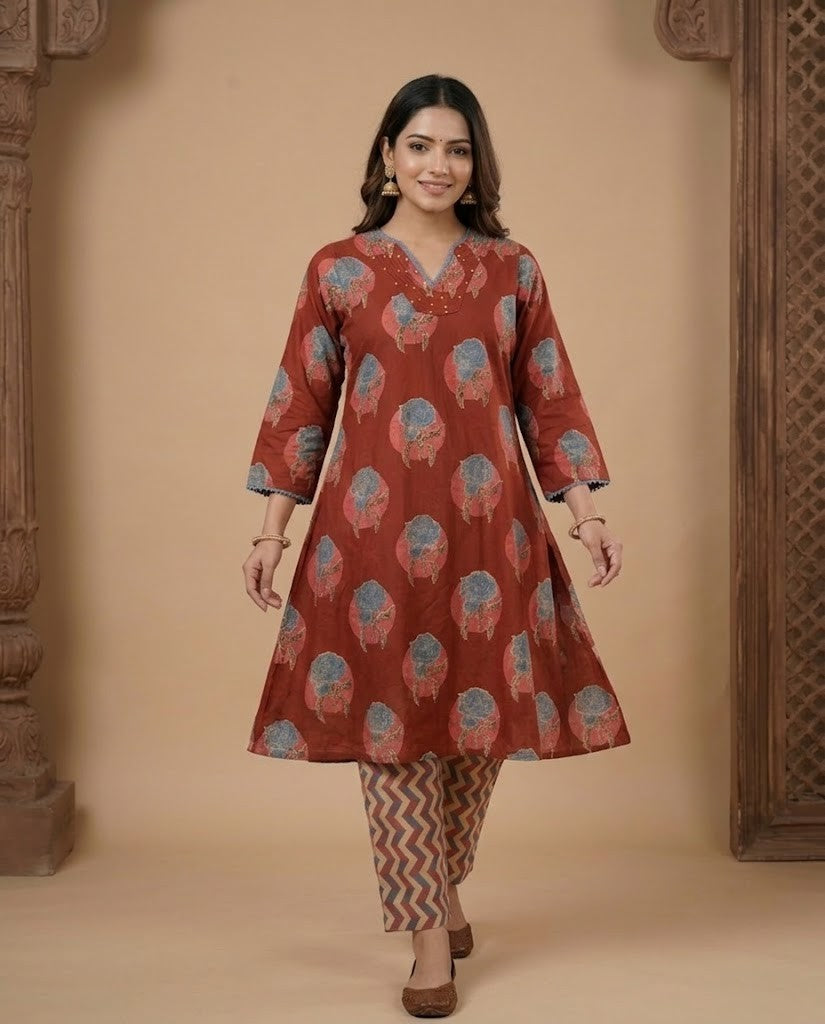 RUST RED FLORAL DESIGN PREMIUM COTTON KURTA PANT SET