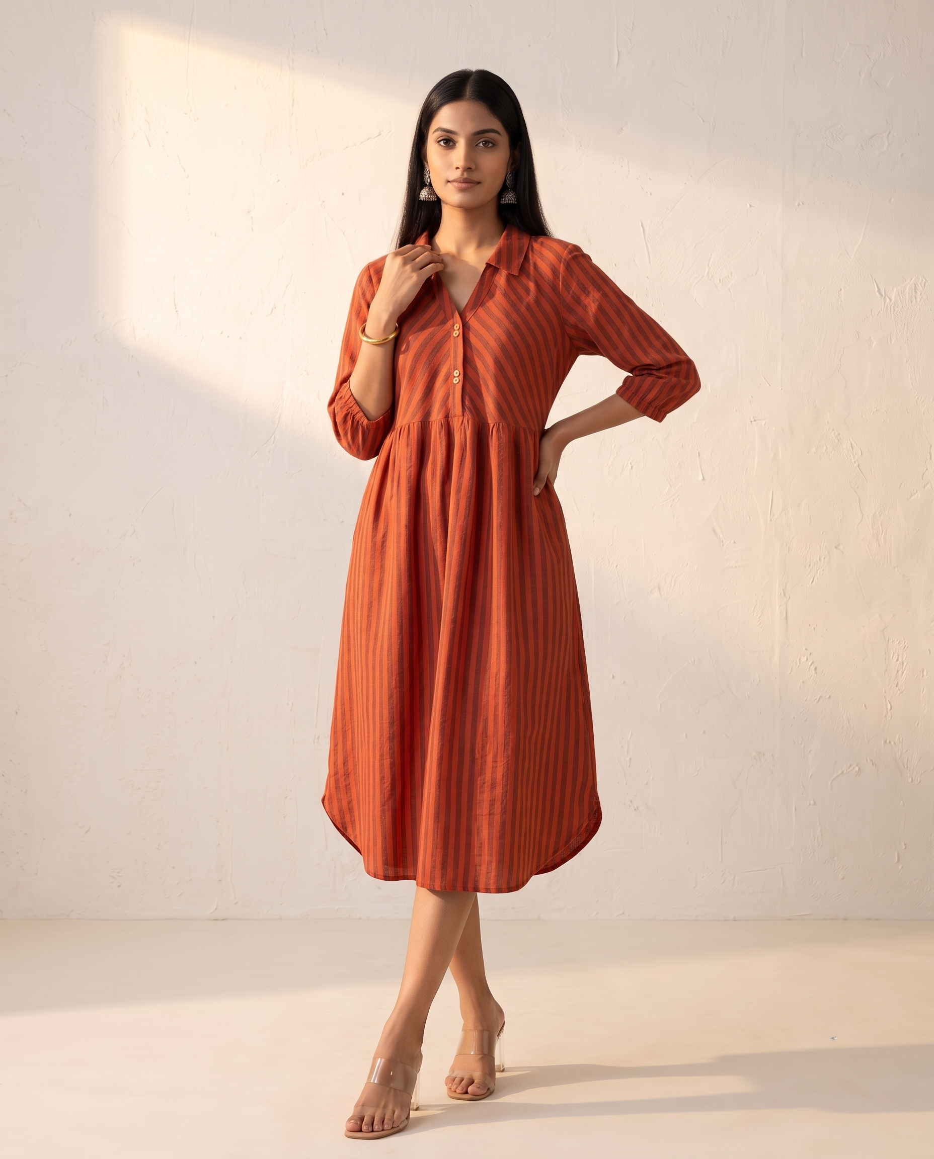 PREMIUM COTTON LINEN RUST ORANGE CASUAL DRESS