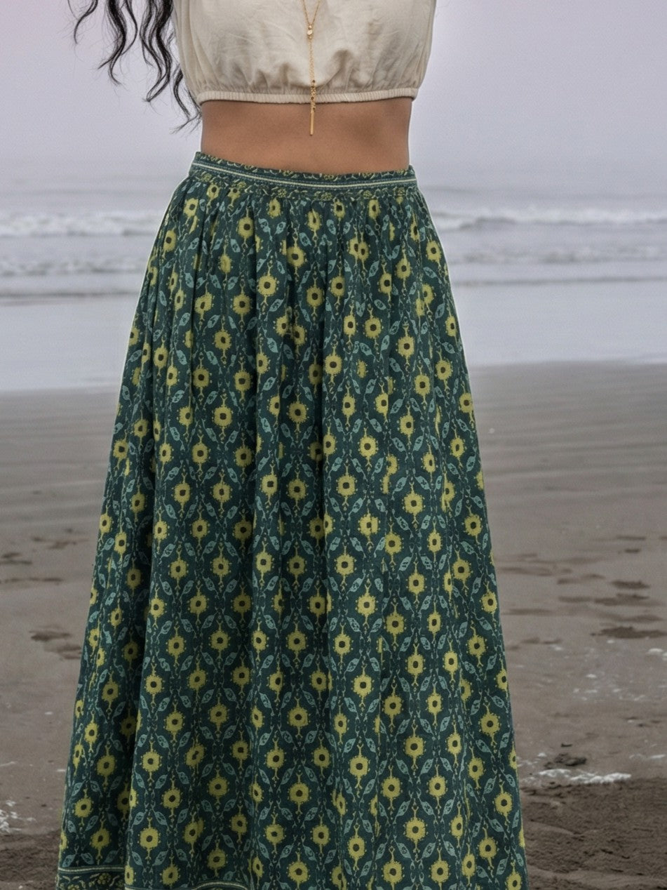 Handprinted Cotton Maxi Green Skirt