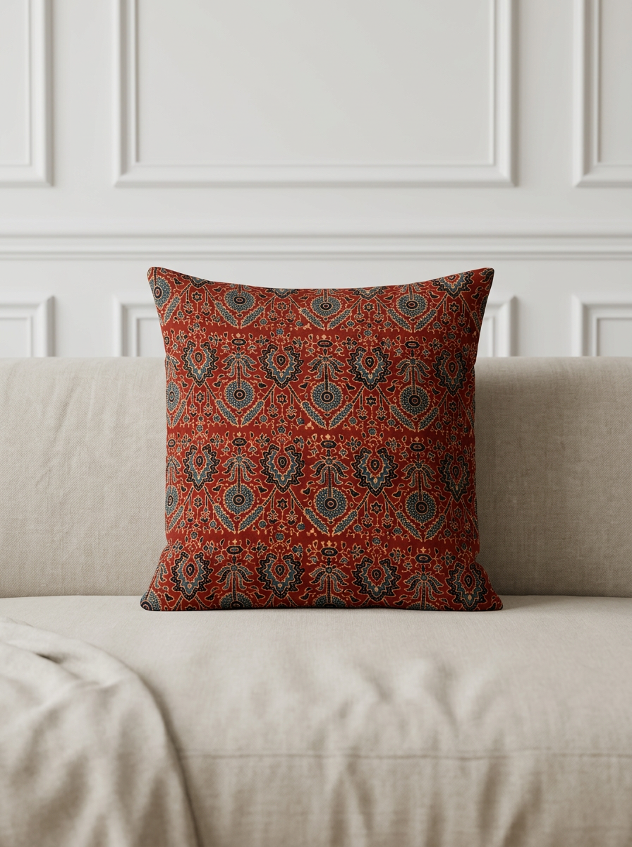 Ajrakh Modal Dense Paisley Garden Red Cushion Cover