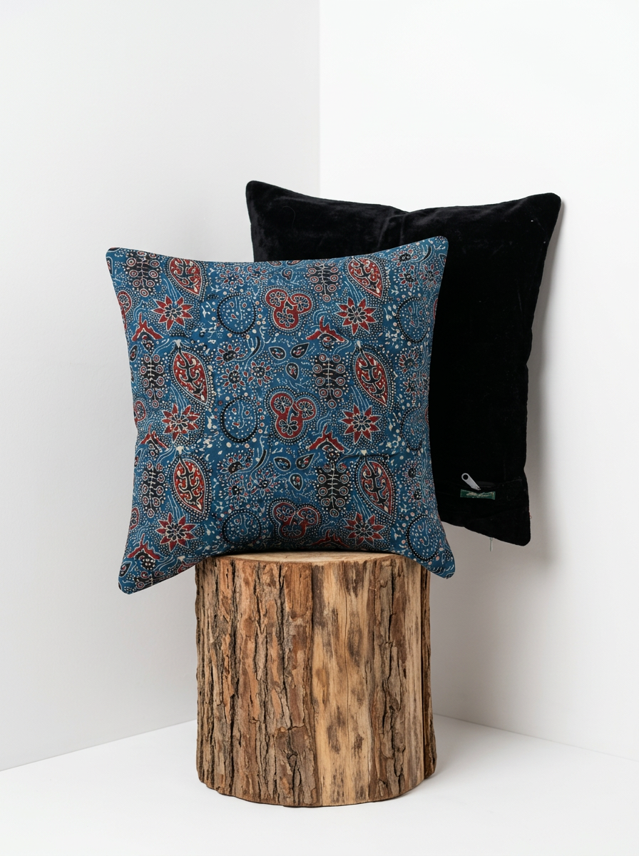 Ajrakh Modal Floral Kairi Dance Blue Cushion Cover