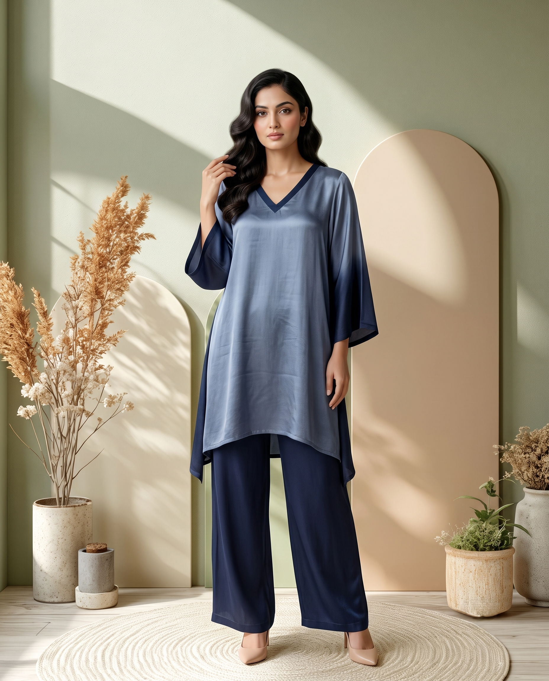 GREY OMBRE LUXE MODAL SILK SHORT KURTA