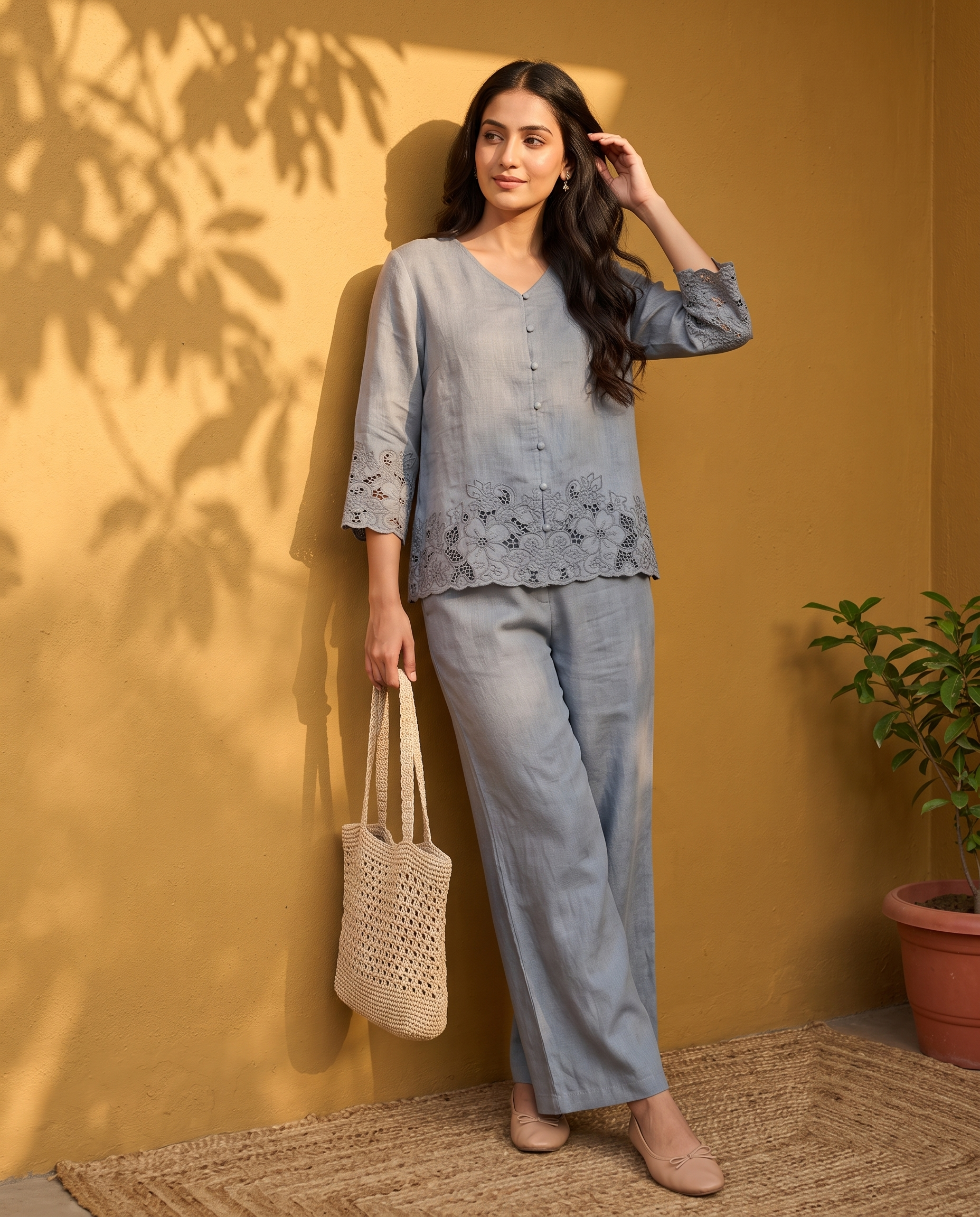 Misty Blue Lace Hem European Linen Top - Grey Blue