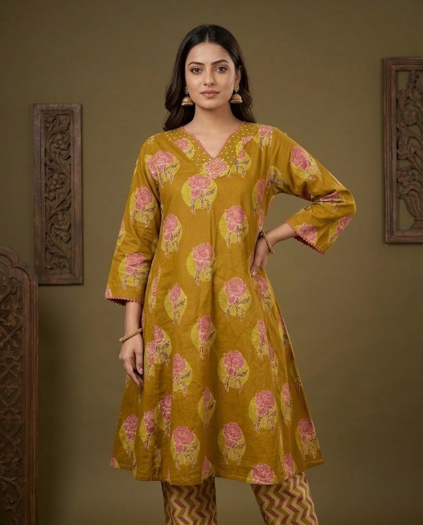 MUSTARD YELLOW FLORAL DESIGN PREMIUM COTTON KURTA PANT SET