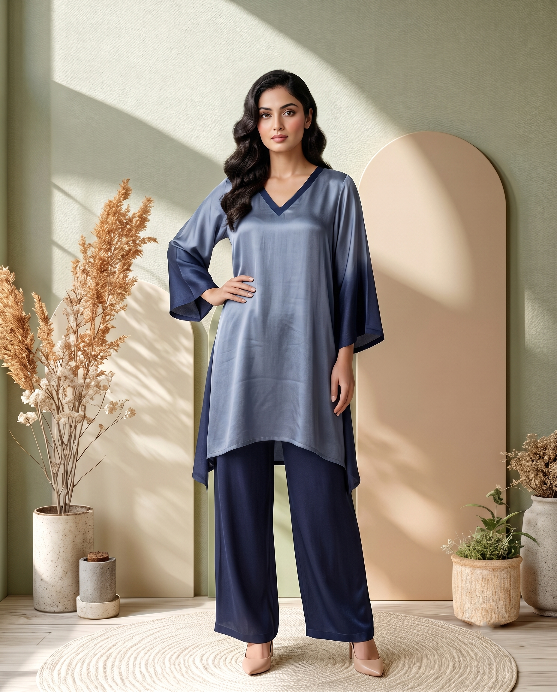 GREY OMBRE LUXE MODAL SILK SHORT KURTA