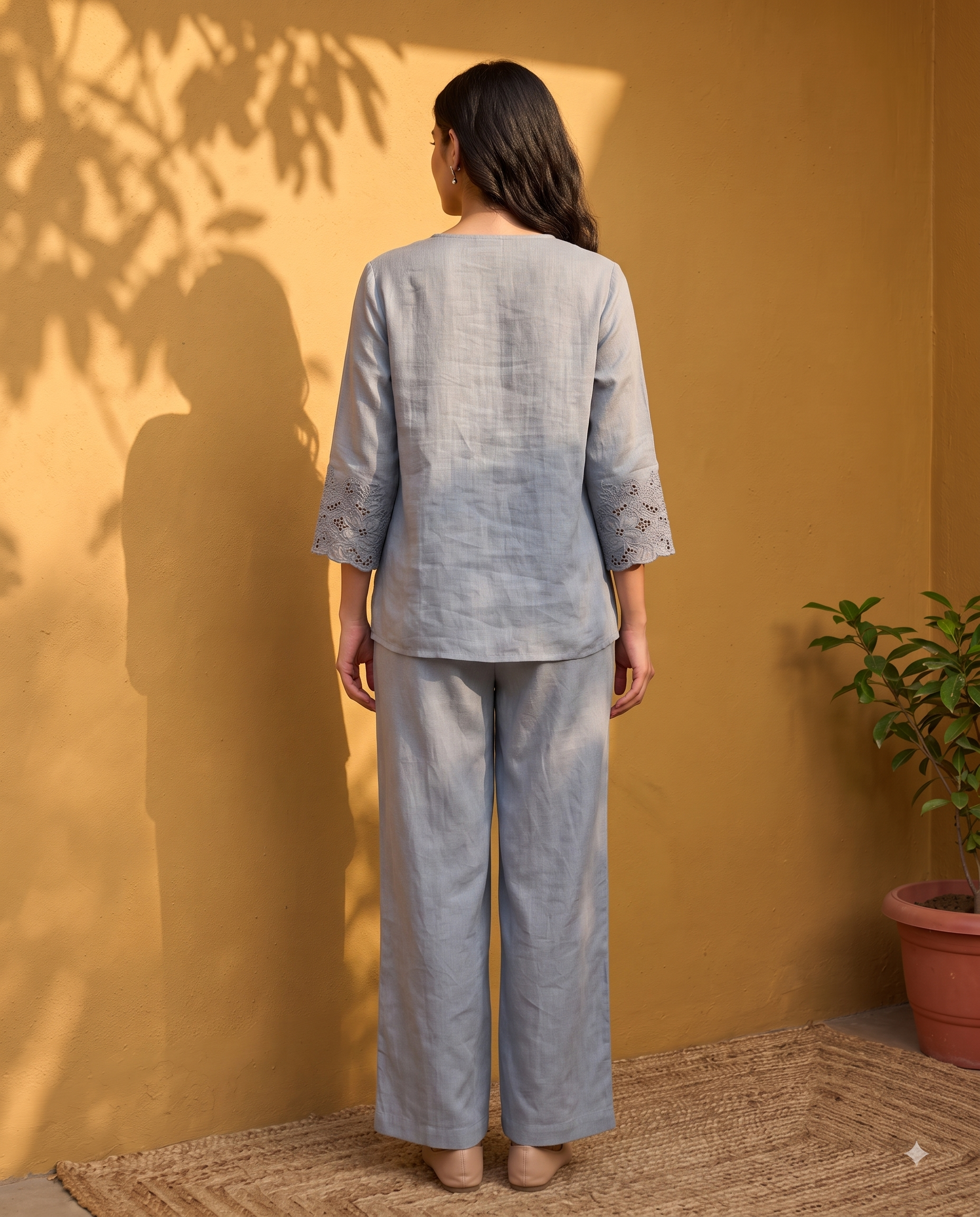 Misty Blue Lace Hem European Linen Top - Grey Blue