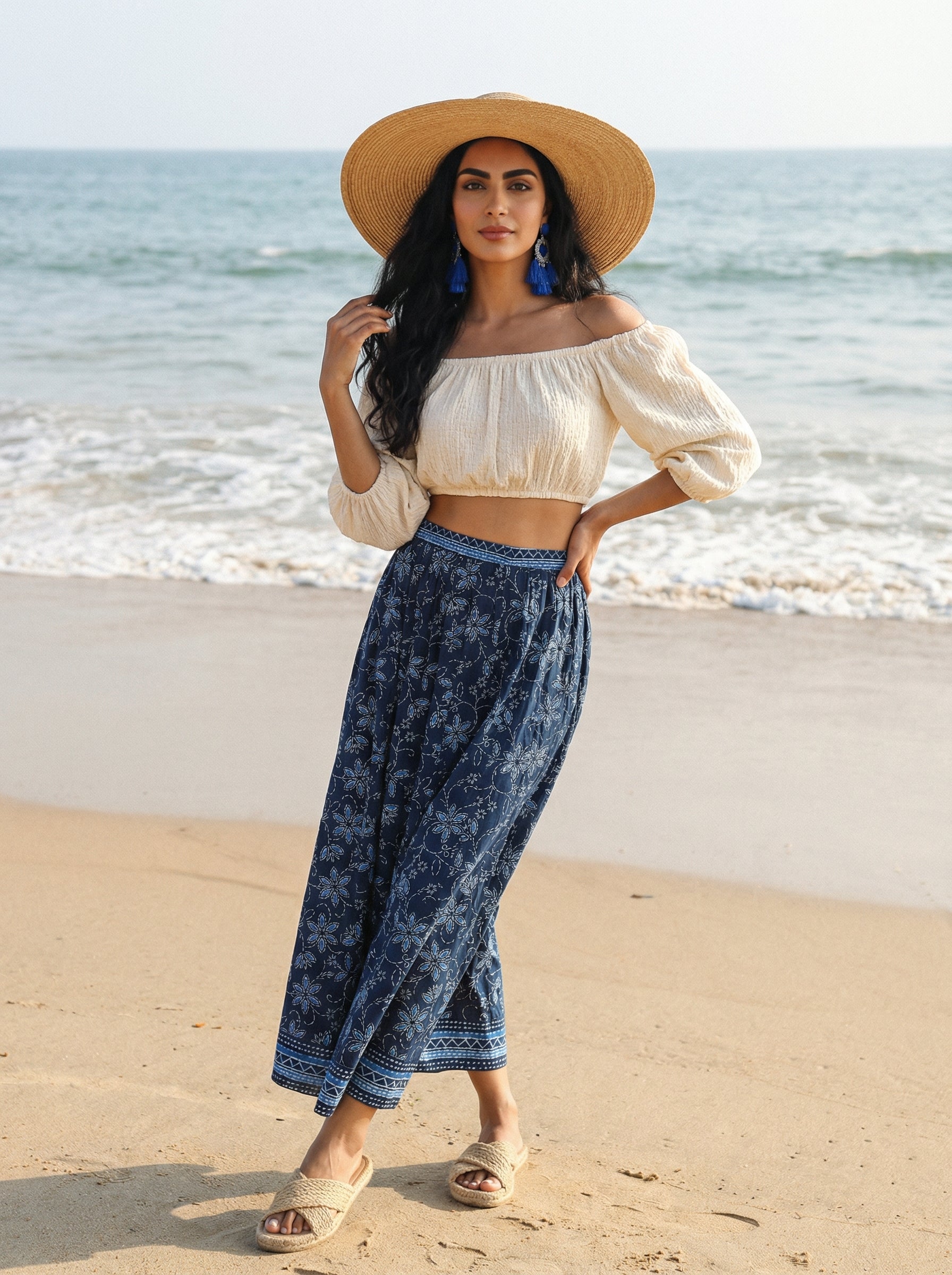 Handprinted Cotton Maxi Indigo Blue Skirt
