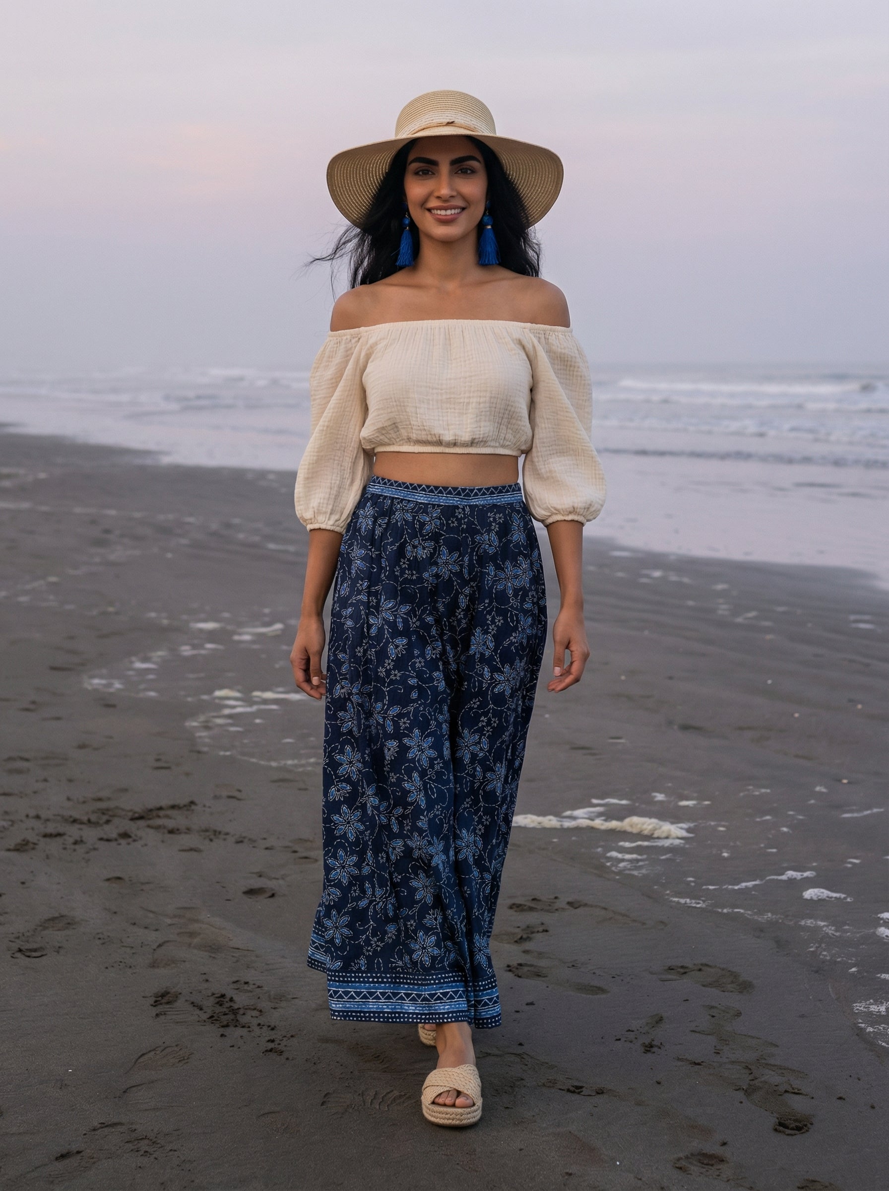 Handprinted Cotton Maxi Indigo Blue Skirt