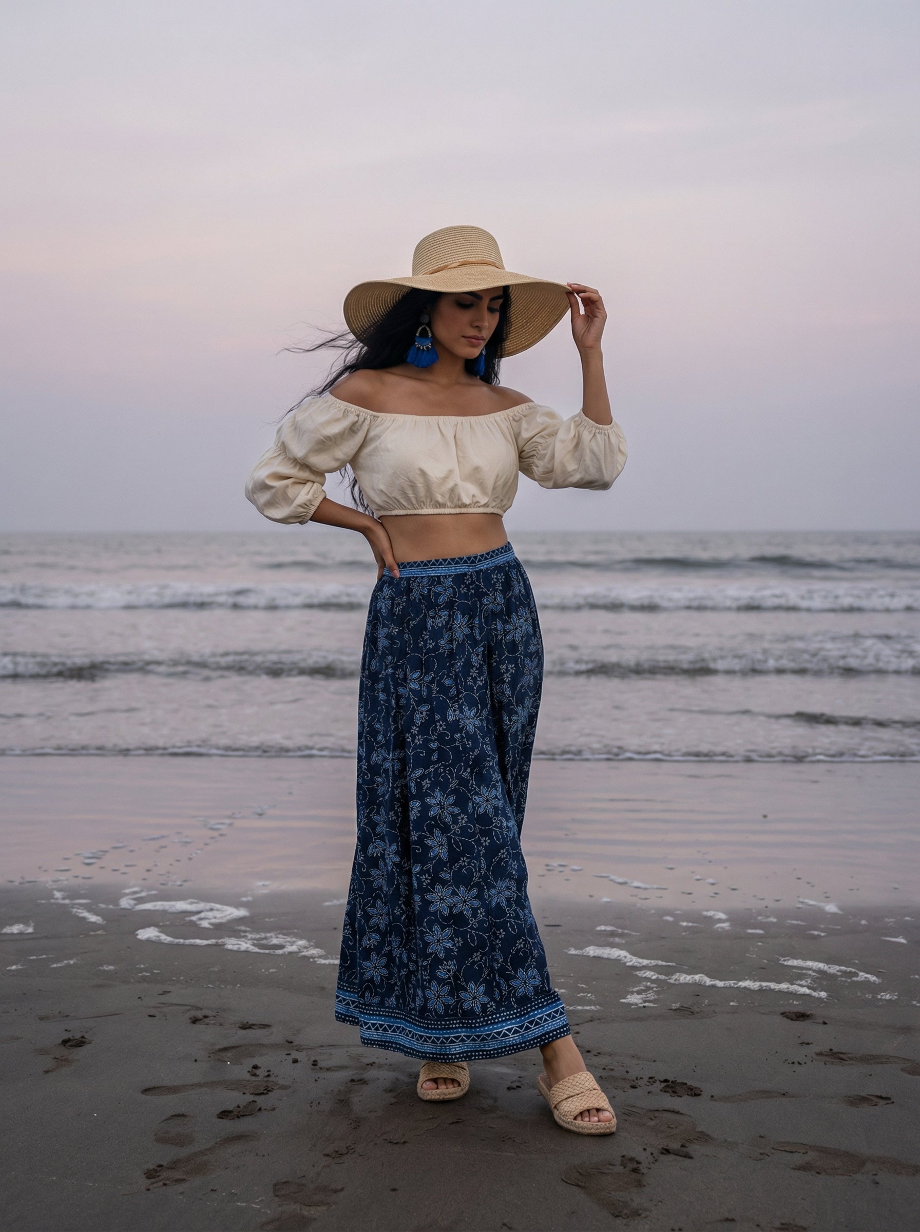 Handprinted Cotton Maxi Indigo Blue Skirt