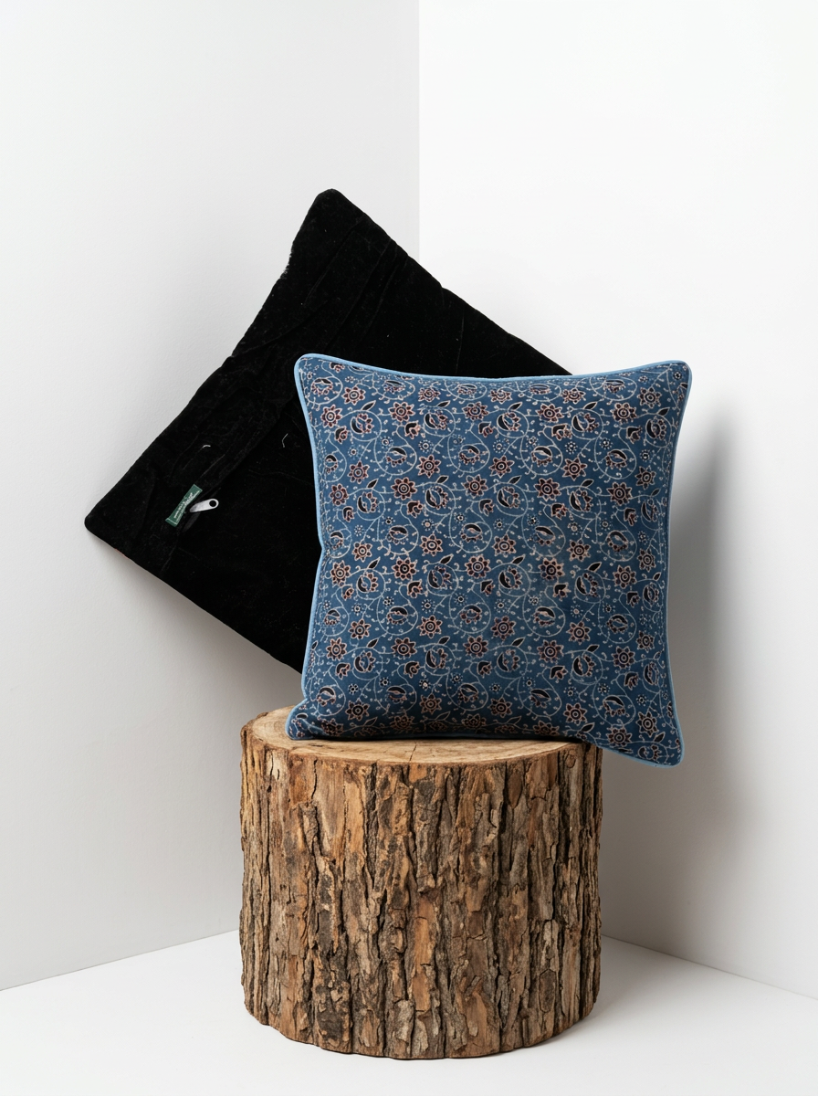 Ajrakh Modal Swirling Blossom Vine Blue Cushion Cover