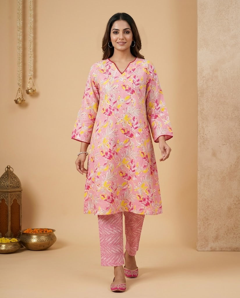 PREMIUM COTTON PINK FLORAL A-LINE KURTI WITH STRAIGHT PANTS