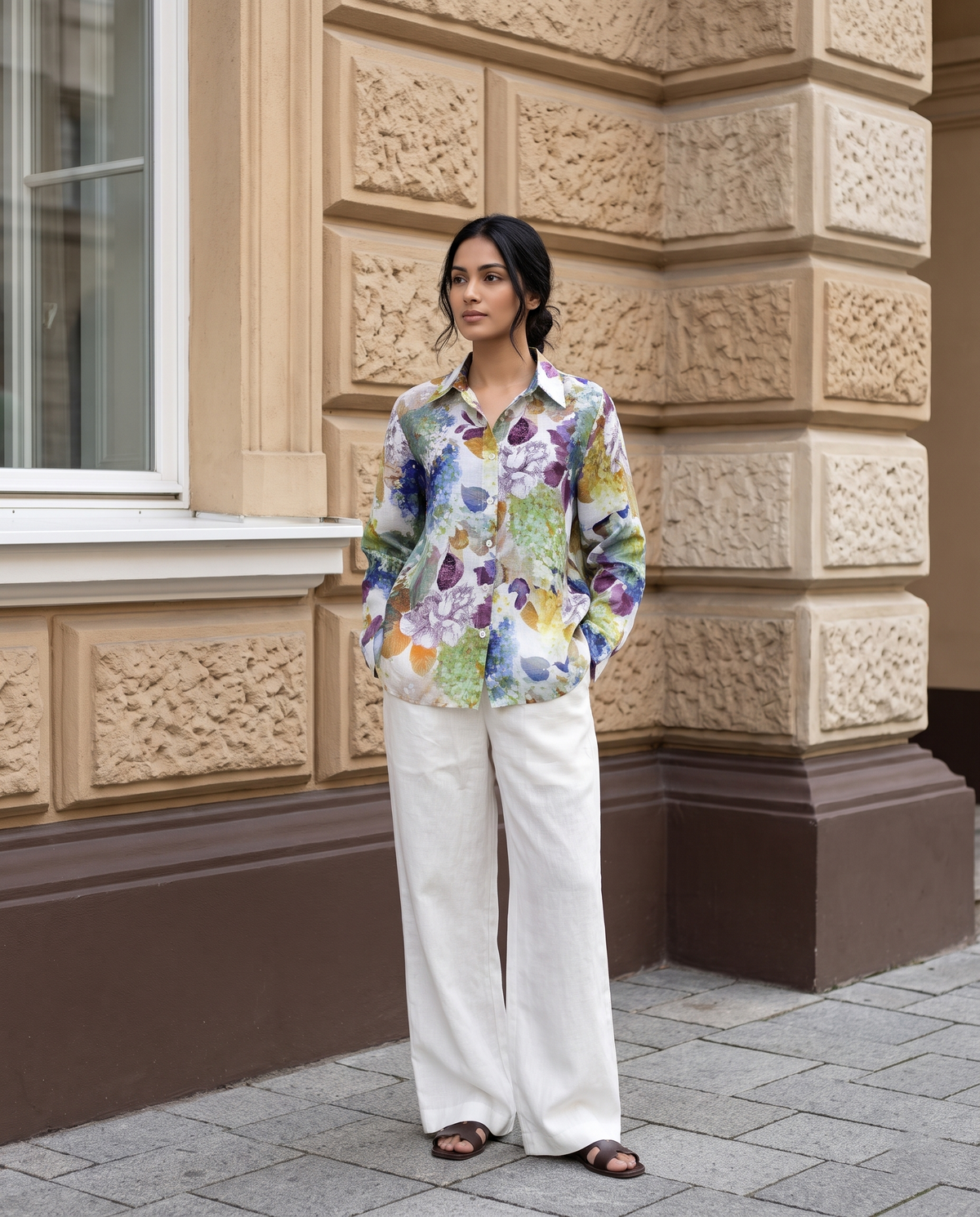 Bamboo Silk 150 GM Olive Plum Watercolour Garden Shirt