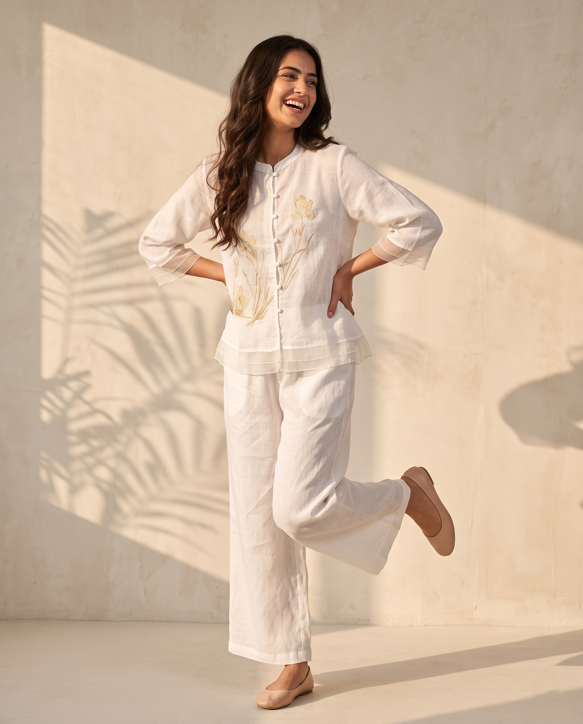 Floral Embroidered European Linen Top - Ivory White