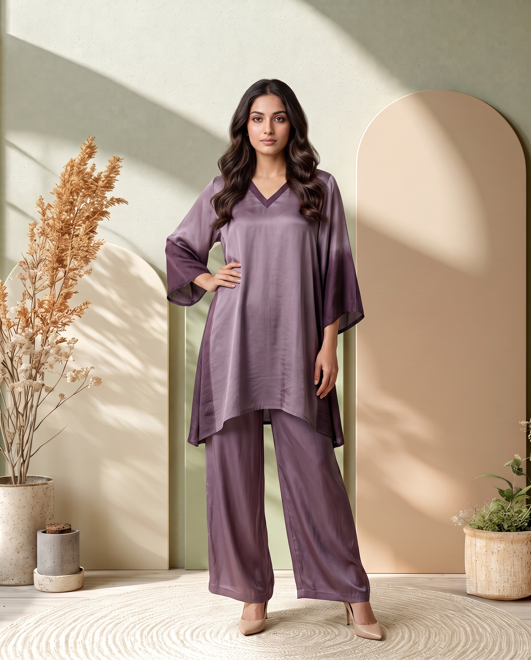 BROWN OMBRE LUXE MODAL SILK SHORT KURTA