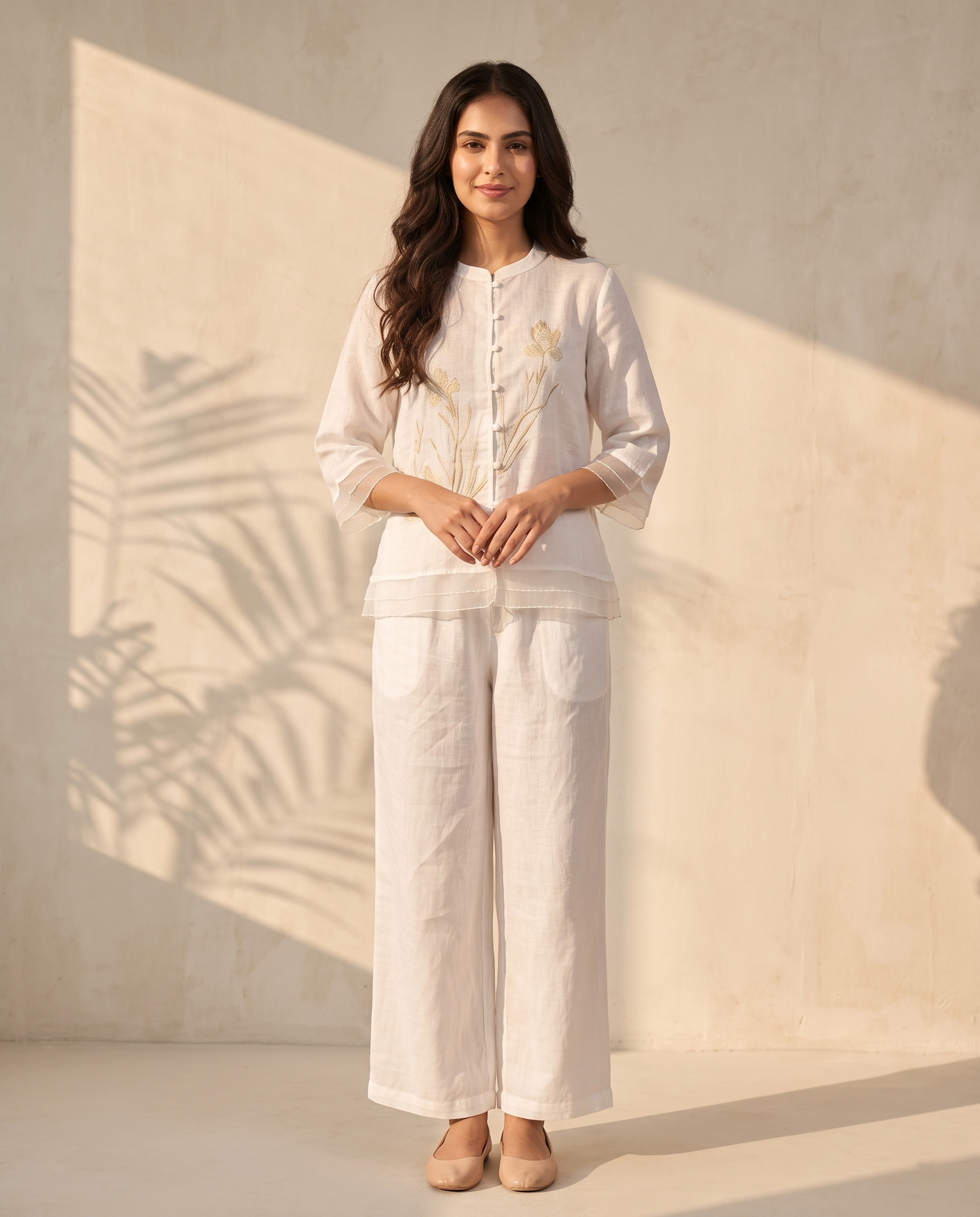 Floral Embroidered European Linen Top - Ivory White