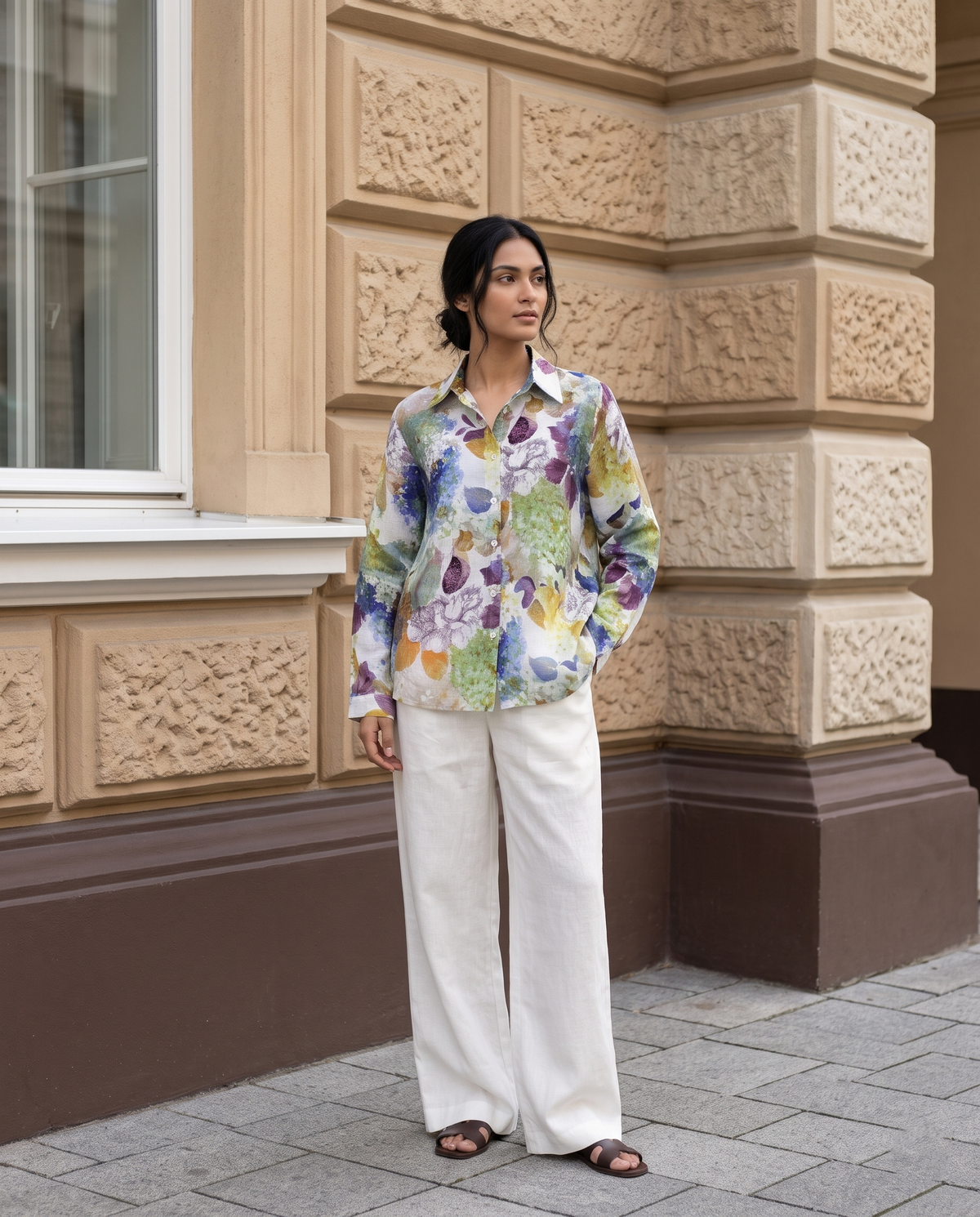Bamboo Silk 150 GM Olive Plum Watercolour Garden Shirt