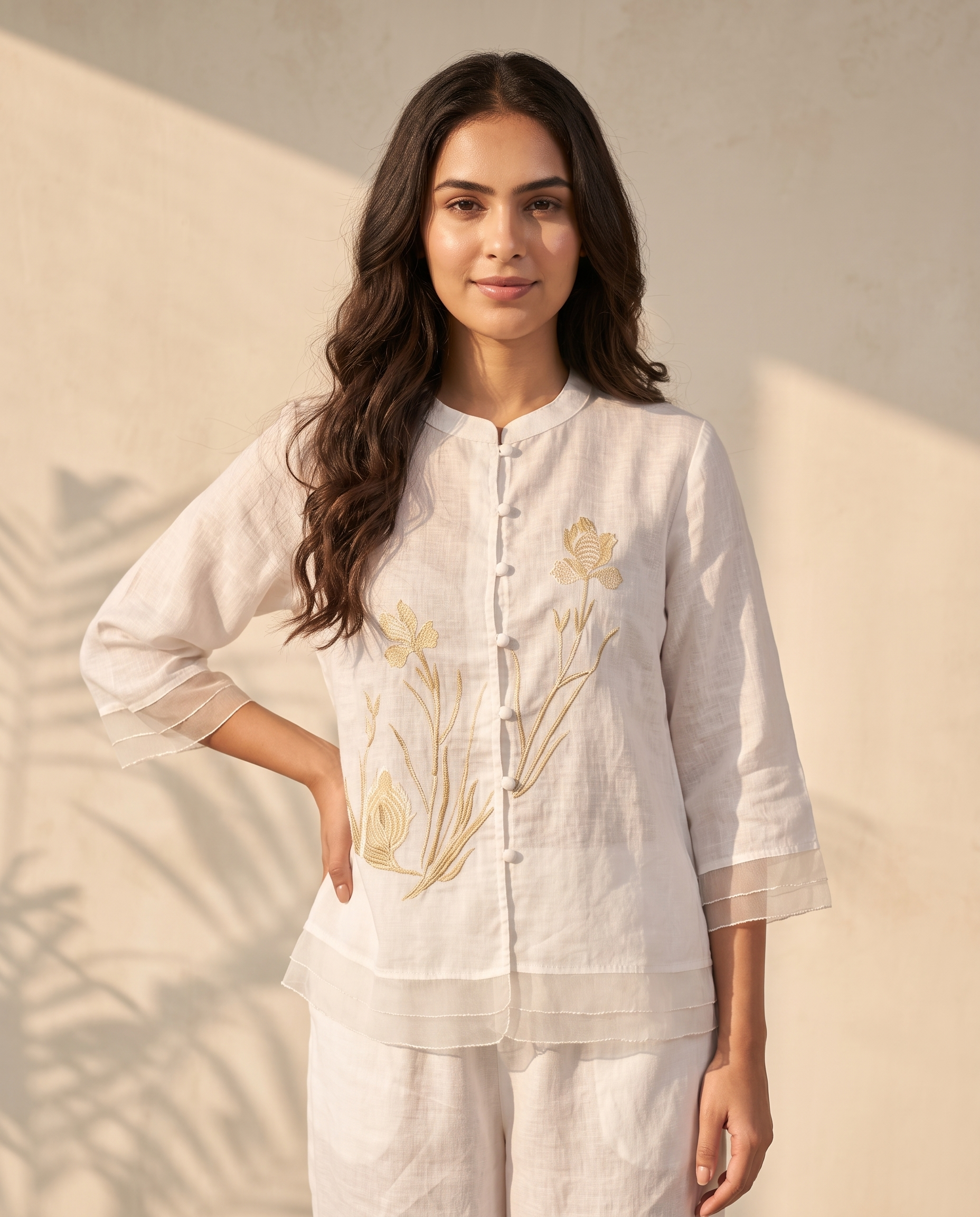 Floral Embroidered European Linen Top - Ivory White