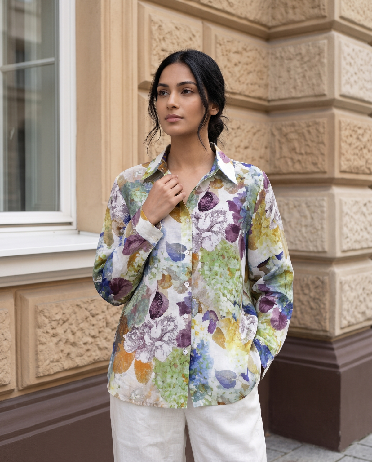 Bamboo Silk 150 GM Olive Plum Watercolour Garden Shirt