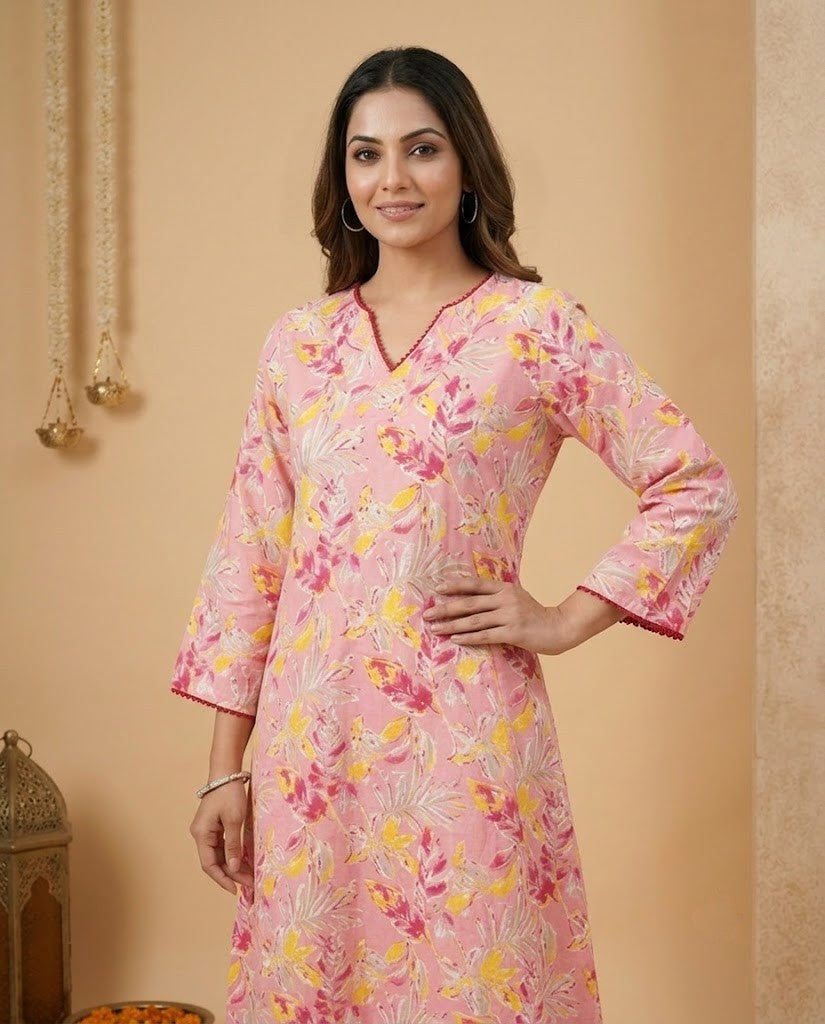 PREMIUM COTTON PINK FLORAL A-LINE KURTI WITH STRAIGHT PANTS