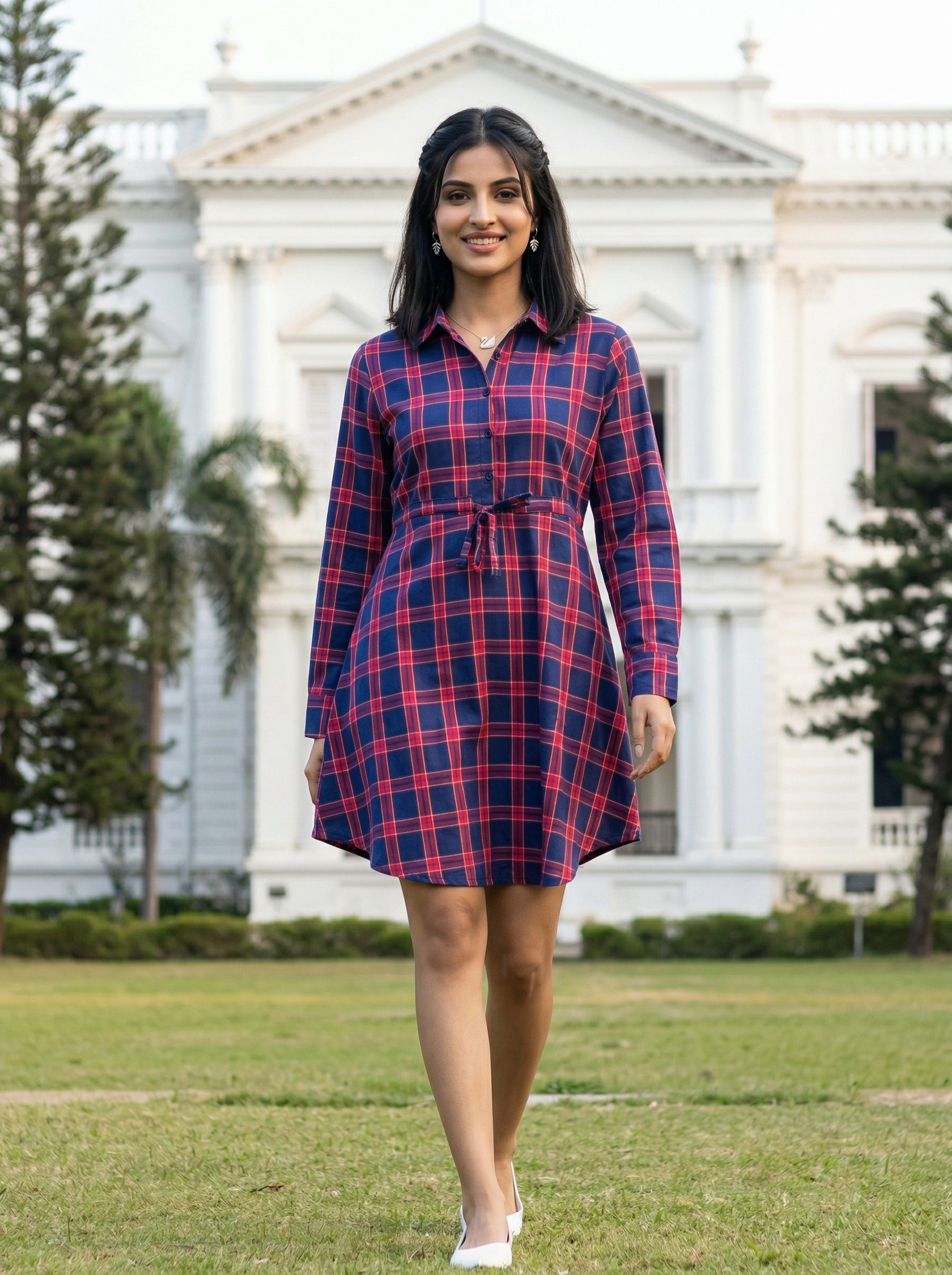 Scottish Check Blue + Red Cotton Dress