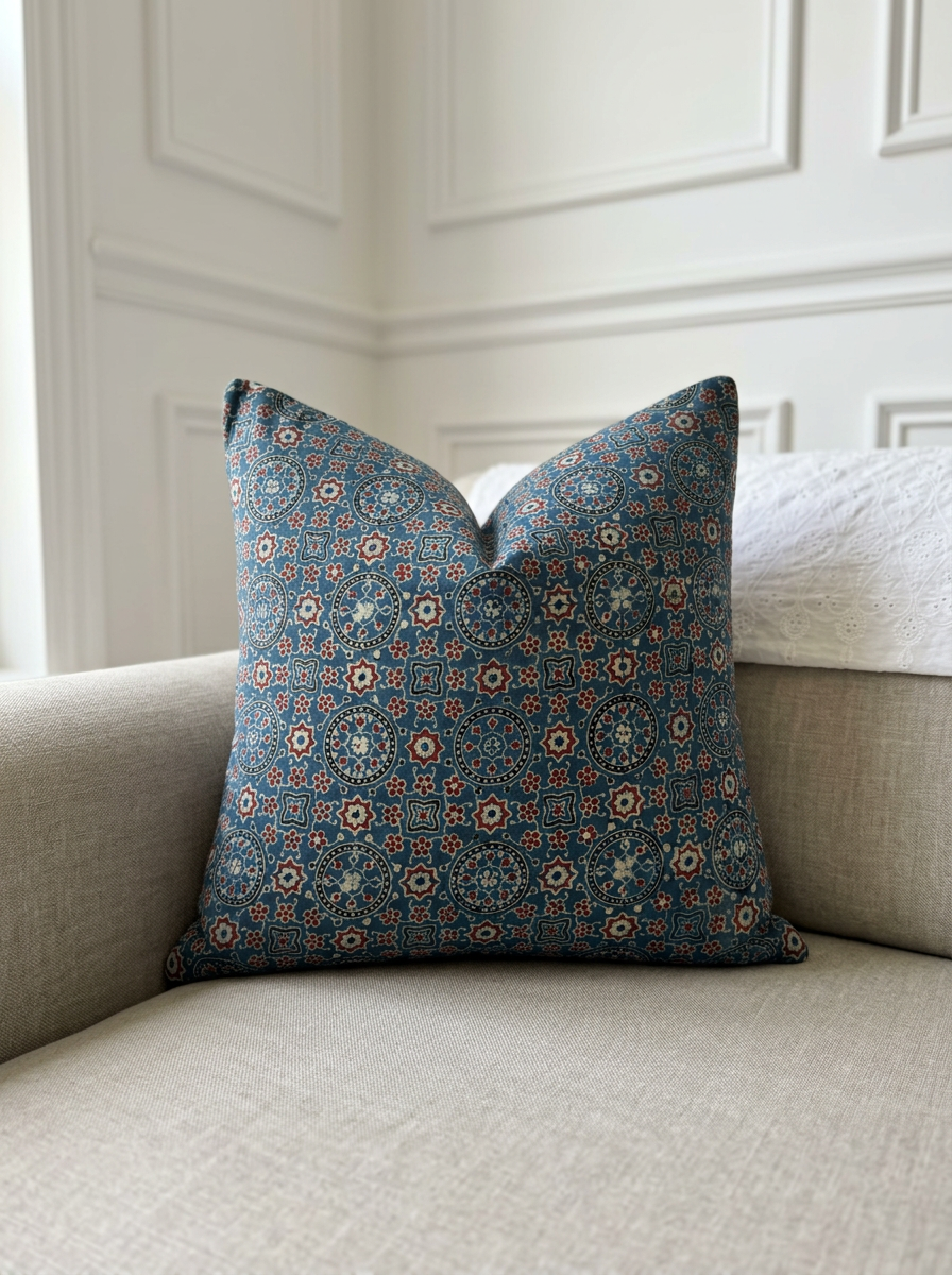Ajrakh Modal Star Circle Bloom Blue Cushion Cover