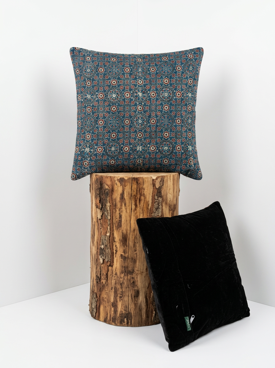 Ajrakh Modal Star Circle Bloom Blue Cushion Cover