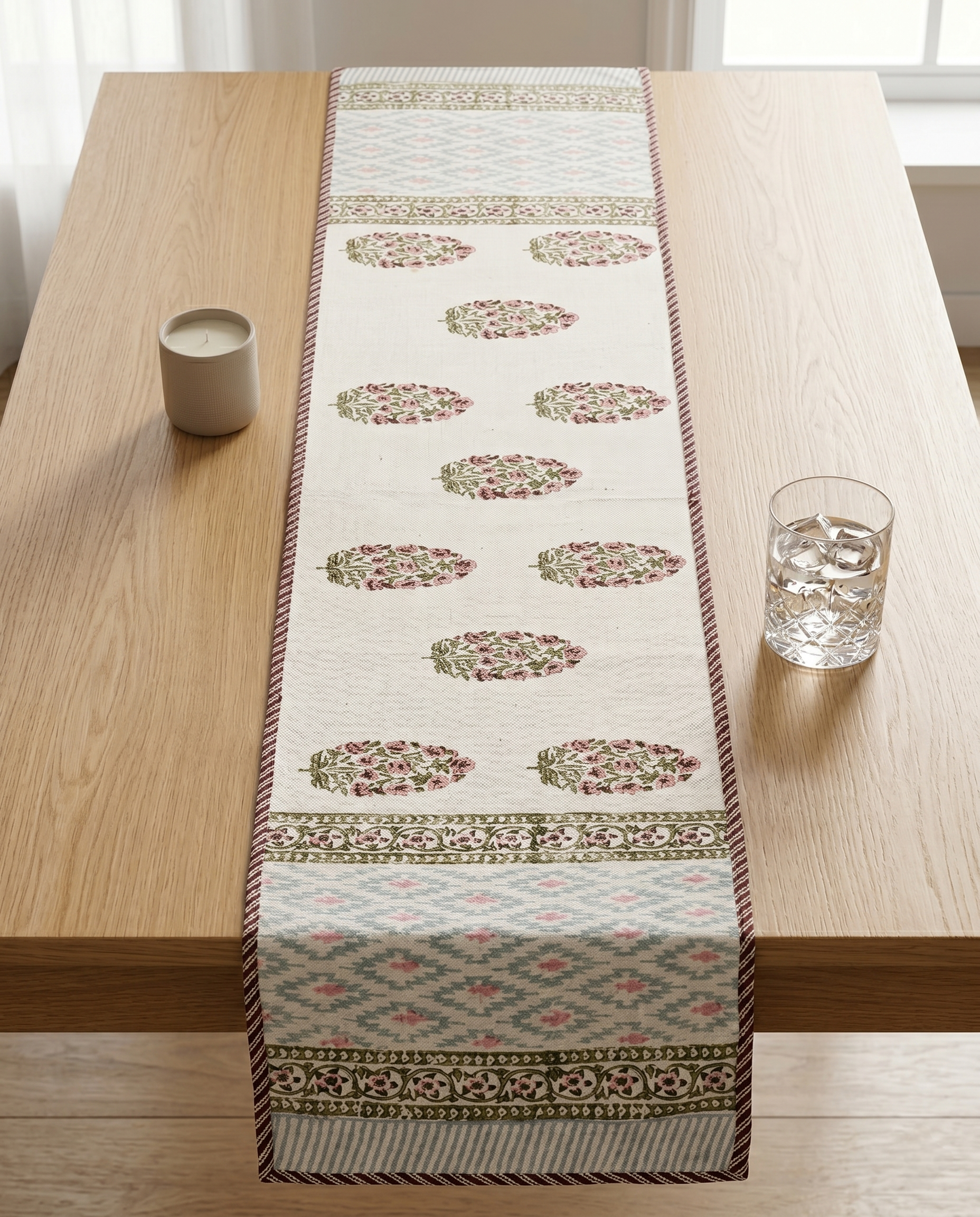 FLORAL PRINT JUTE TABLE RUNNER (REVERSIBLE, HANDBLOCK)