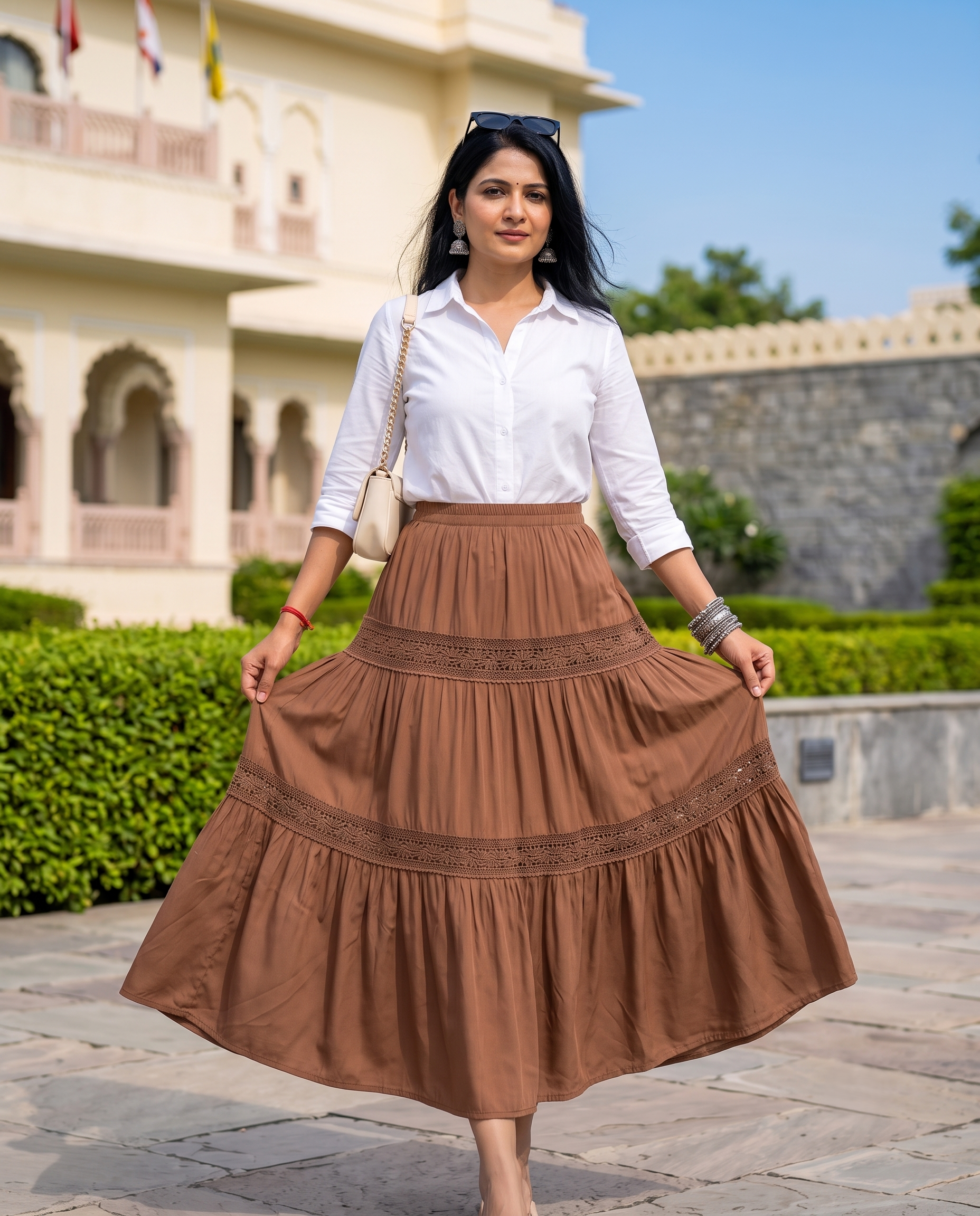 LUNA LACE TIERED SKIRT – MOCHA BROWN