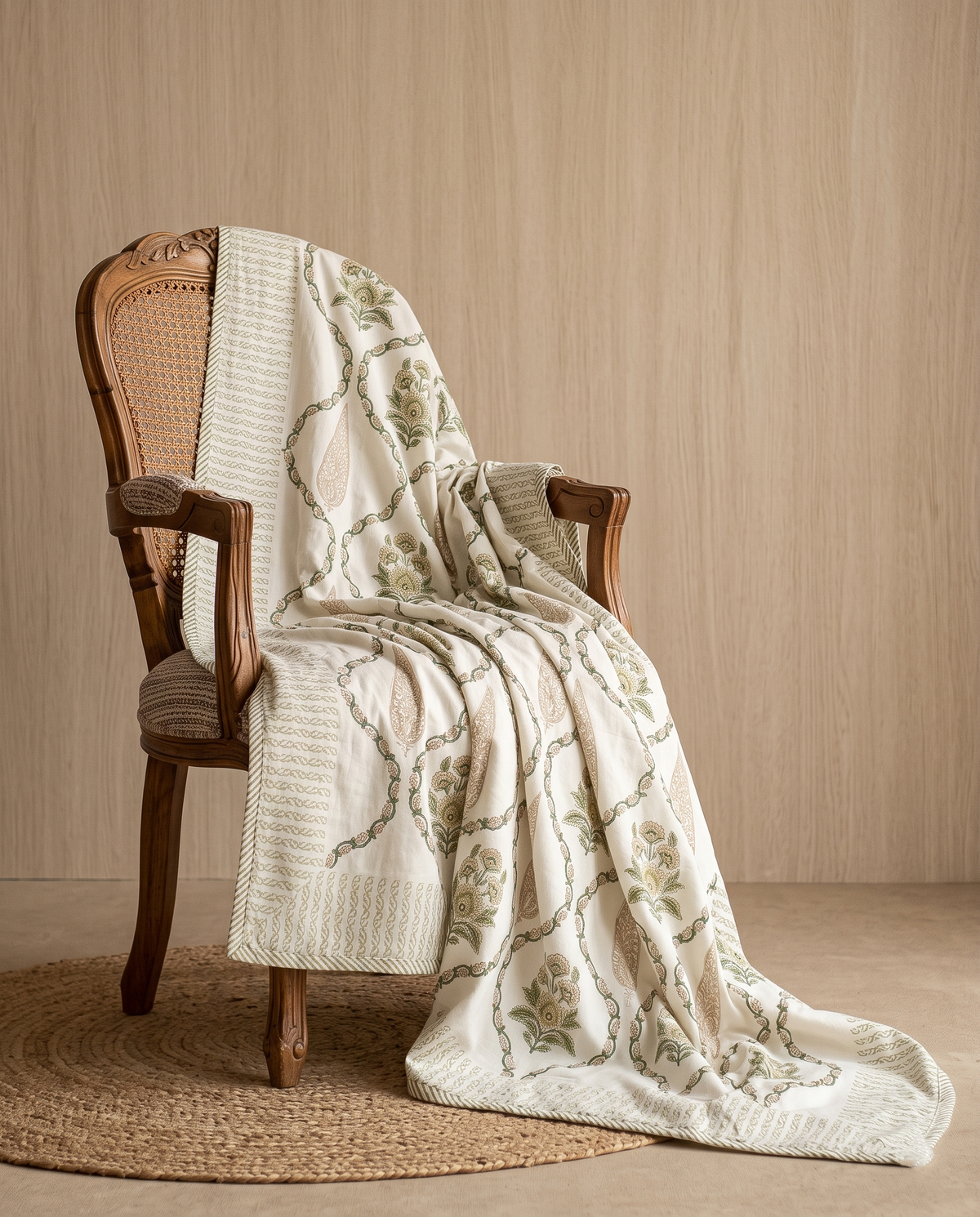 Mehrun Ivory Sage Green Hand Block Cotton Dohar
