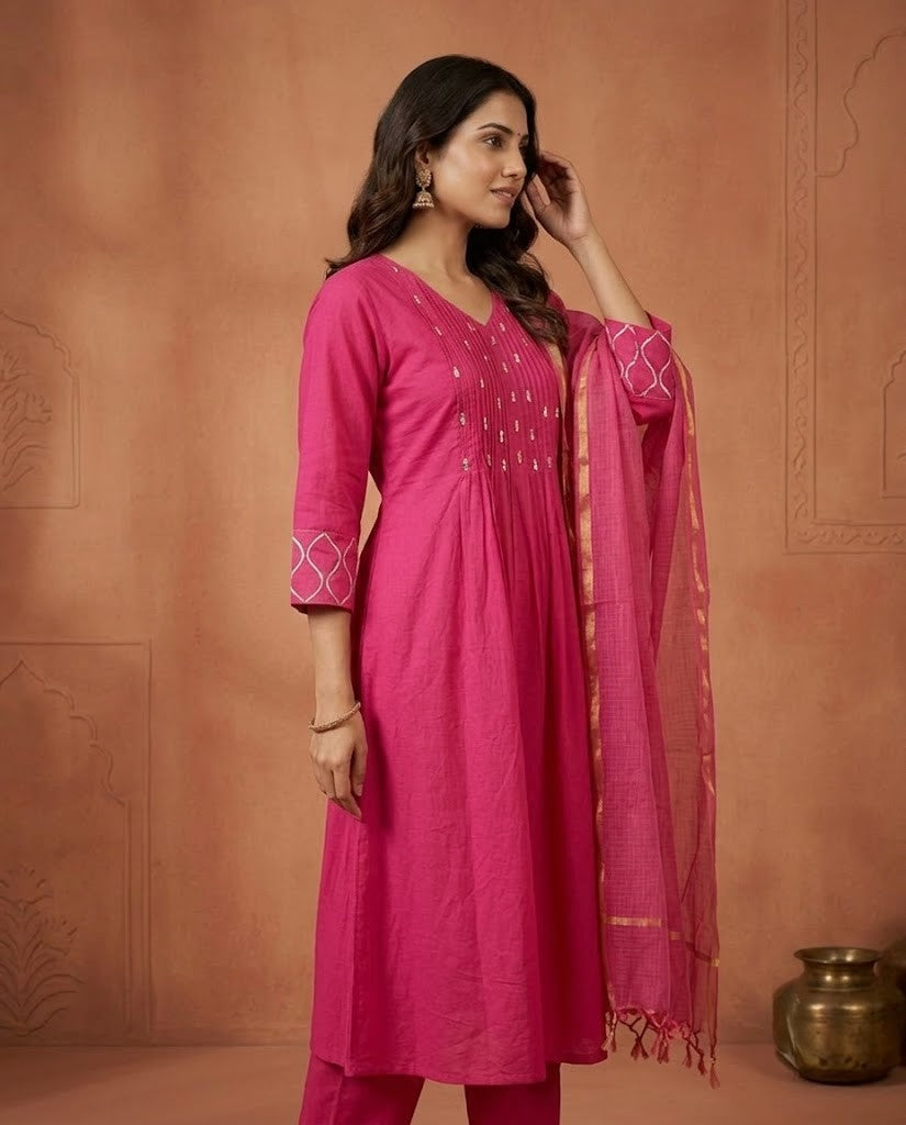 PINTUCK DETAILED RANI PINK PREMIUM COTTON 3PC KPD SET