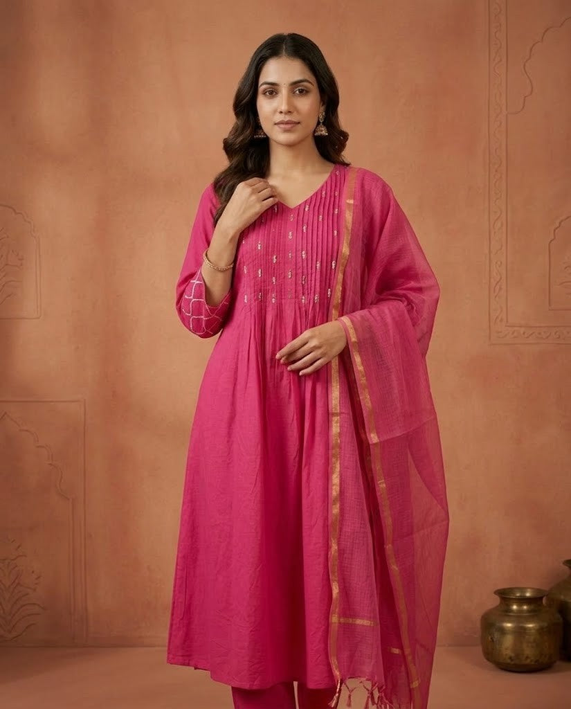 PINTUCK DETAILED RANI PINK PREMIUM COTTON 3PC KPD SET