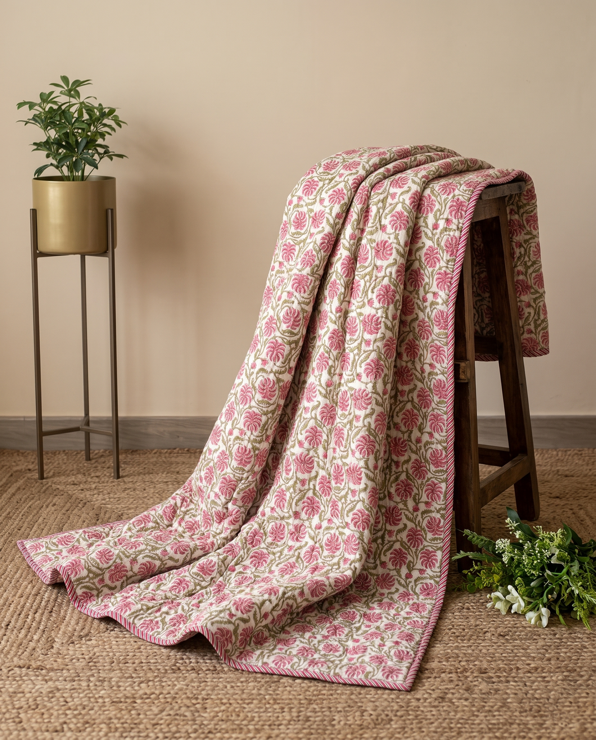 The Pink Gulbahar Handblock Cotton Reversible Quilt