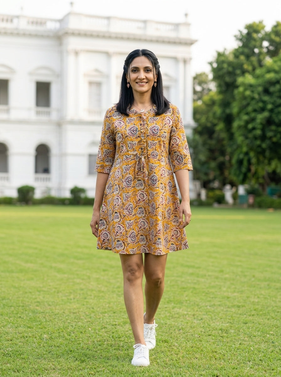KALAMKARI  MUSTARD COTTON SHORT DRESS