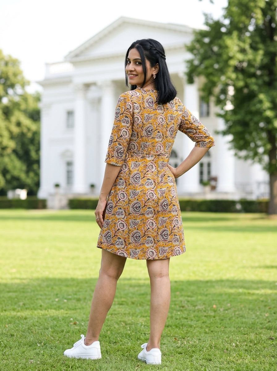 KALAMKARI  MUSTARD COTTON SHORT DRESS