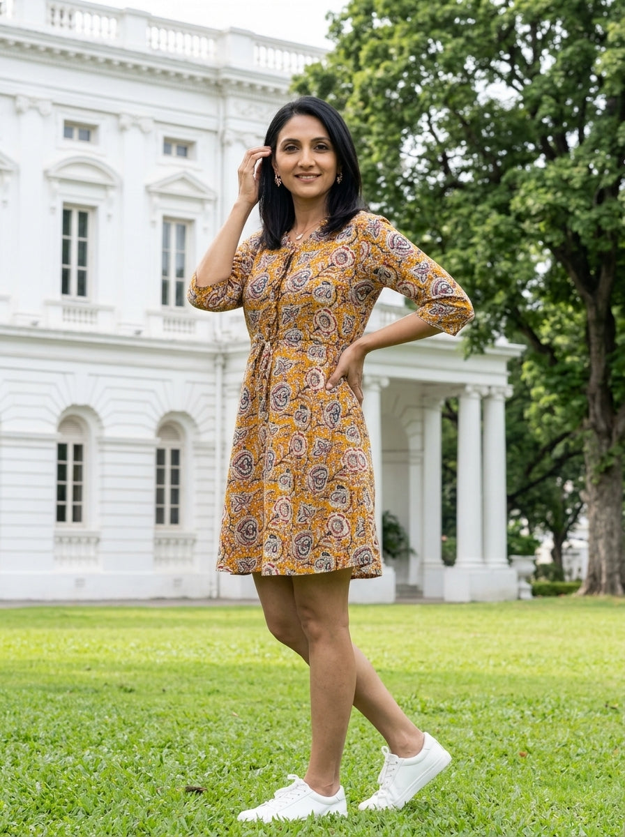 KALAMKARI  MUSTARD COTTON SHORT DRESS